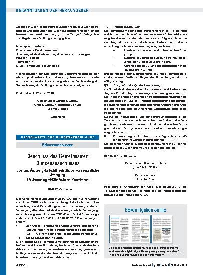 Vorschauseite 1: Beschluss des Gemeinsamen Bundesausschusses über eine Änderung der Richtlinie Methoden vertragsärztliche Versorgung: UV-Vernetzung mit Riboflavin bei Keratokonus