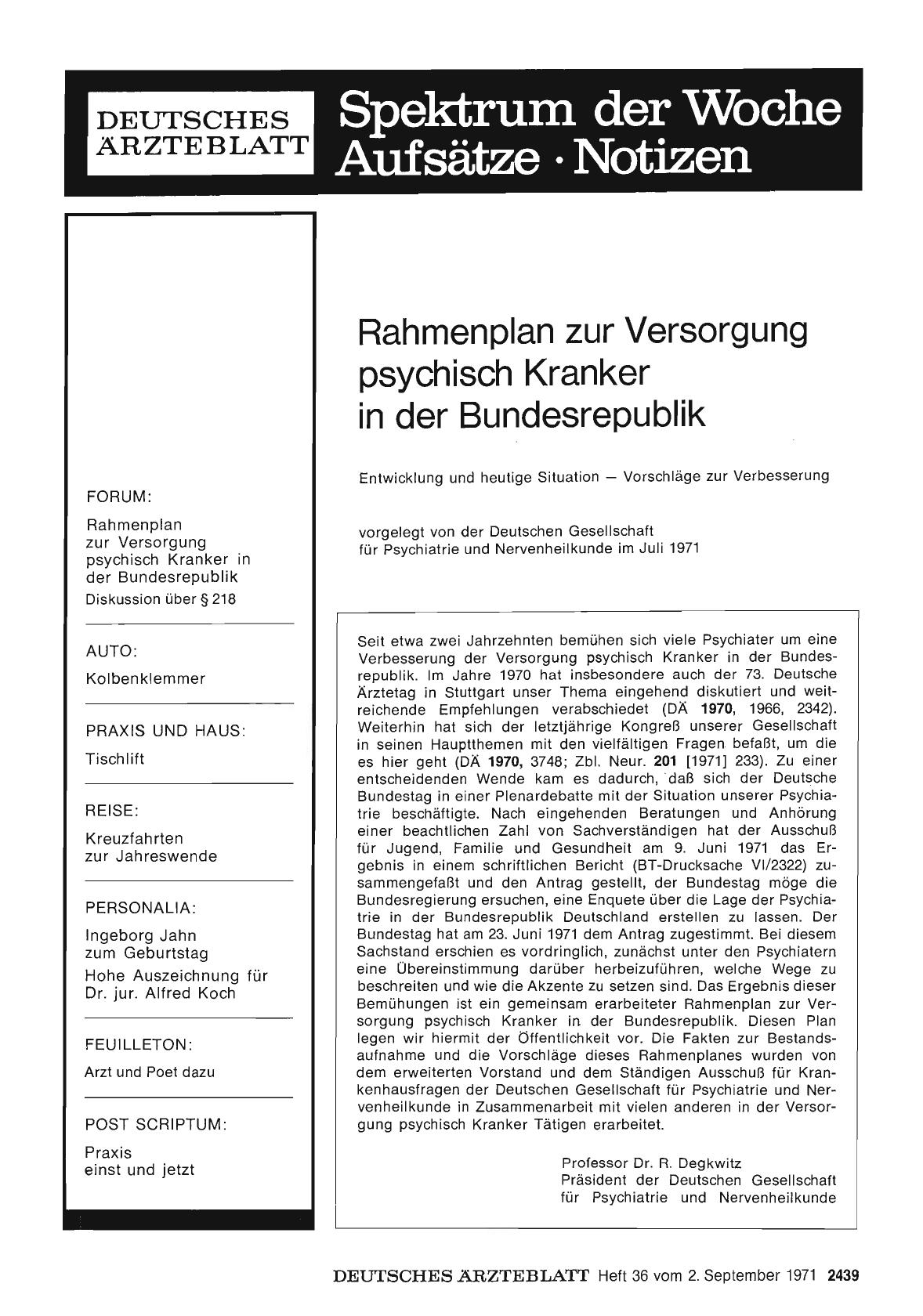 Vorschauseite 1: Rahmenplan zur Versorgung psychisch Kranker in der Bundesrepublik