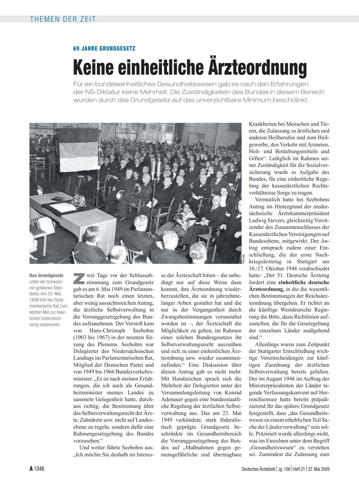 Vorschauseite 1: 60 Jahre Grundgesetz: Keine einheitliche Ärzteordnung