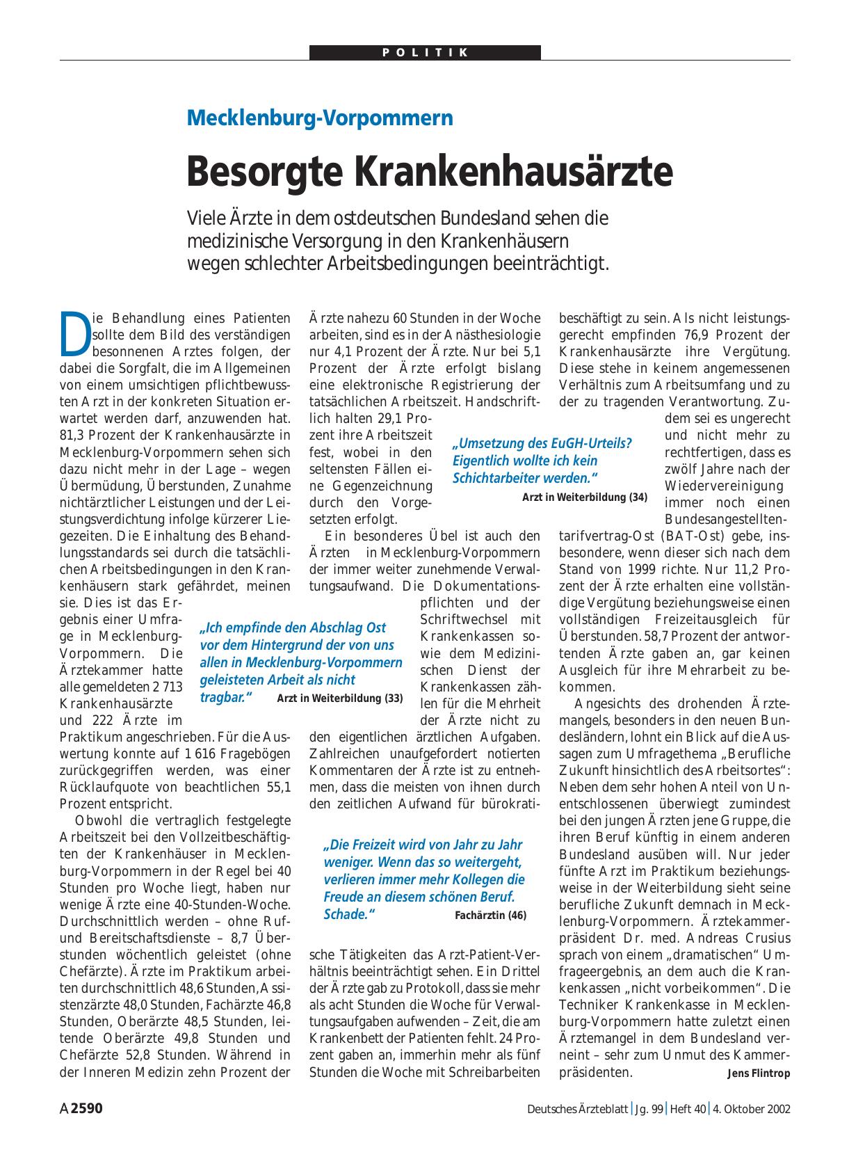 Vorschauseite 1: Mecklenburg-Vorpommern: Besorgte Krankenhausärzte