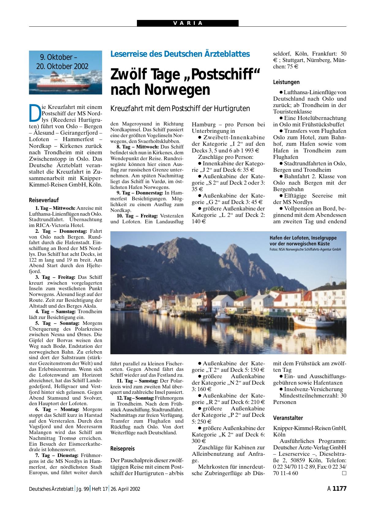 Vorschauseite 1: Leserreise des Deutschen Ärzteblattes: Zwölf Tage „Postschiff“ nach Norwegen