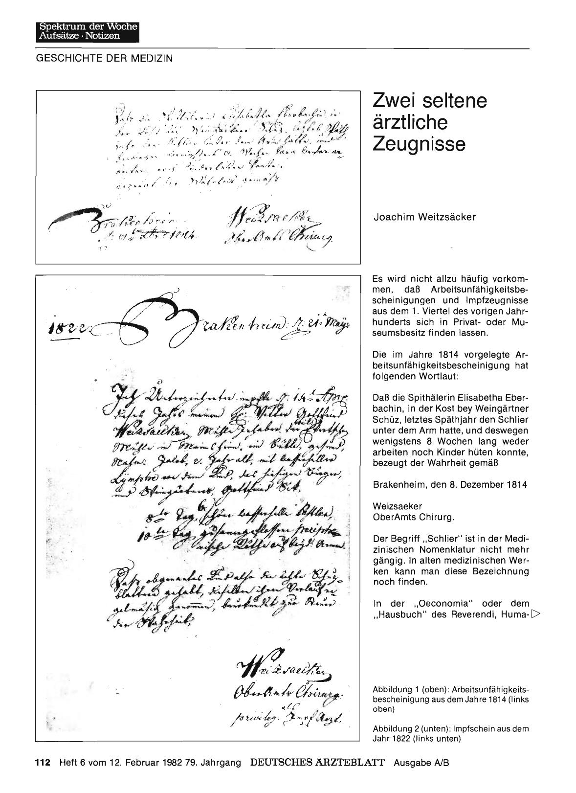 Vorschauseite 1: Zwei seltene ärztliche Zeugnisse