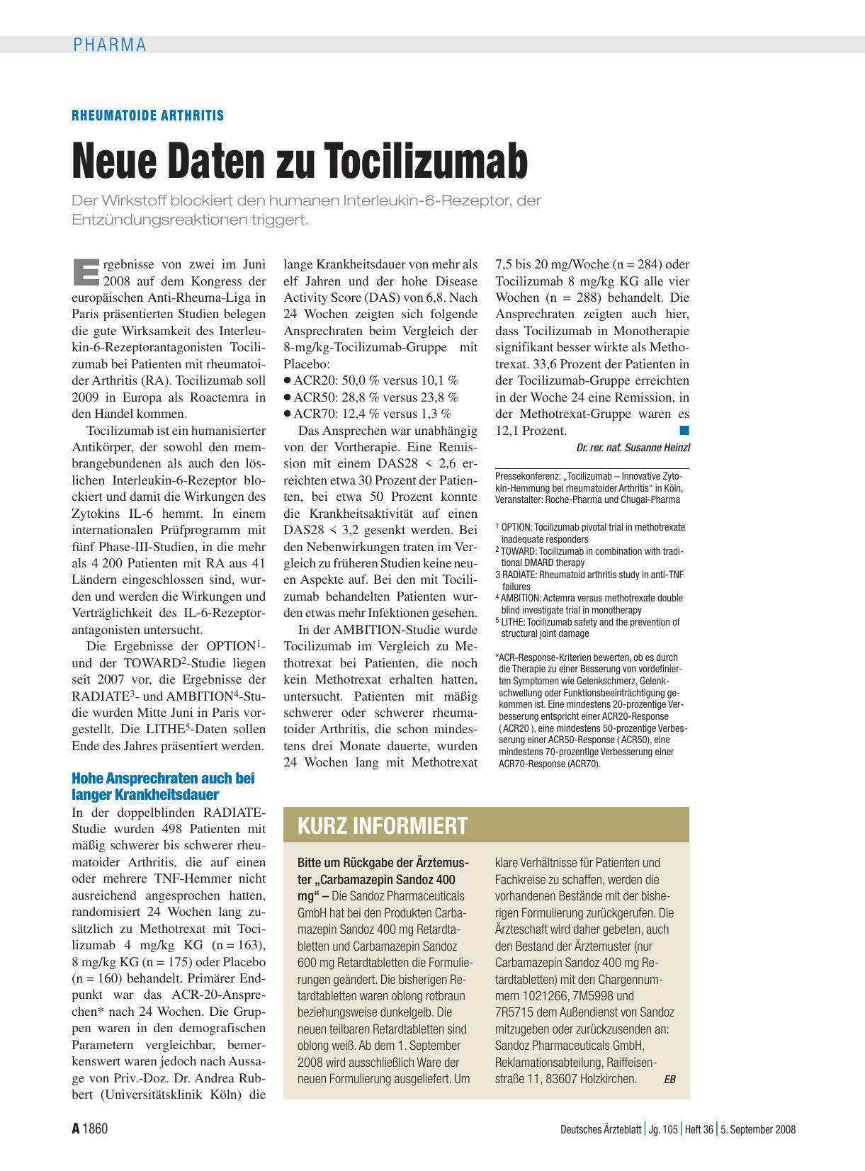 Vorschauseite 1: Rheumatoide Arthritis: Neue Daten zu Tocilizumab
