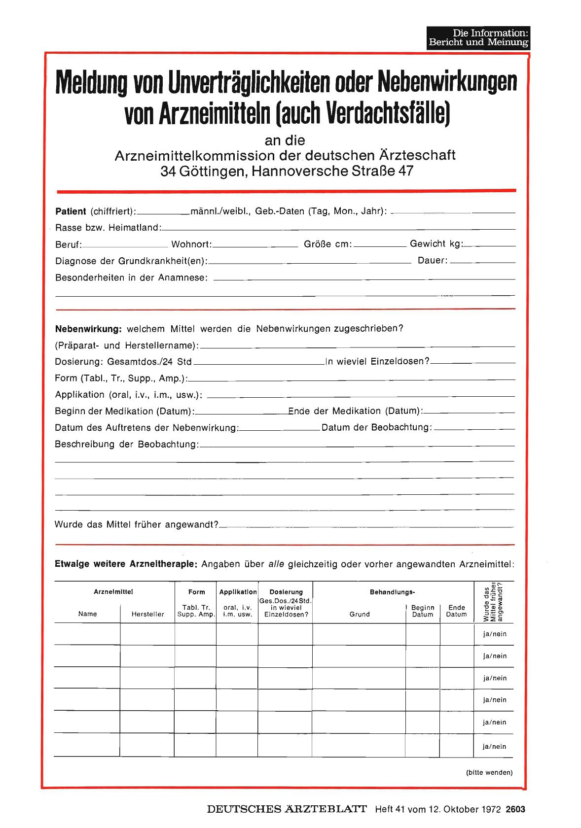 Vorschauseite 1: Meldung von Unverträglichkeiten oder Nebenwirkungen von Arzneimitteln
