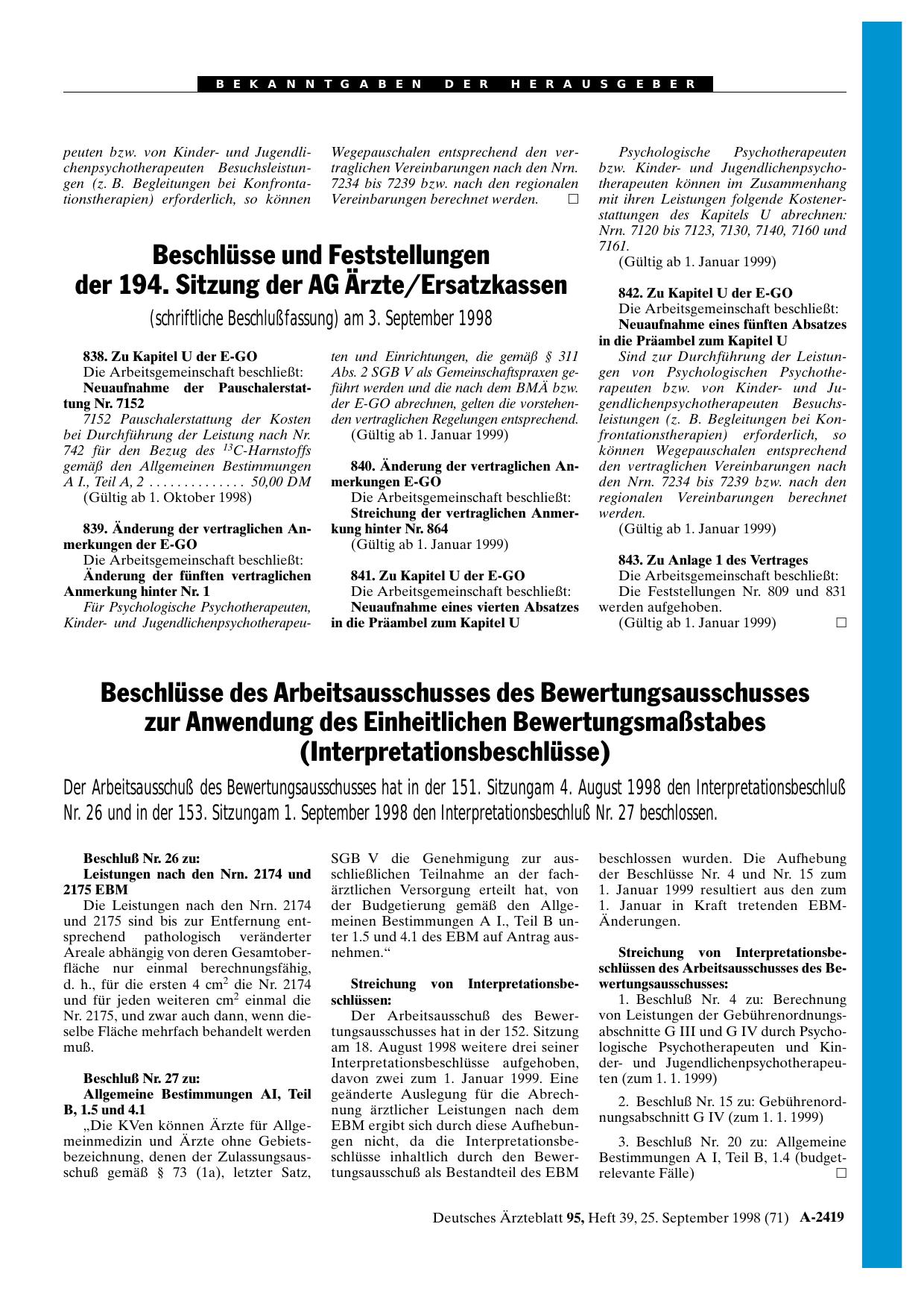 Vorschauseite 1: Beschlüsse des Arbeitsausschusses des Bewertungsausschusses: zur Anwendung des Einheitlichen Bewertungsmaßstabes (Interpretationsbeschlüsse)