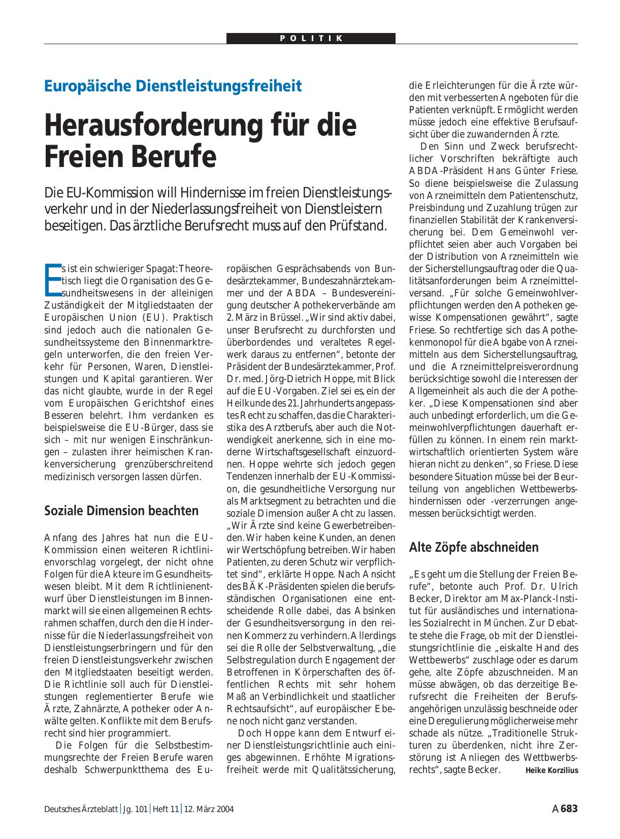 Vorschauseite 1: Europäische Dienstleistungsfreiheit: Herausforderung für die Freien Berufe