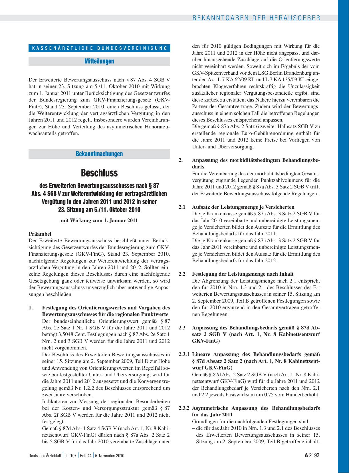 Vorschauseite 1: Beschluss des Erweiterten Bewertungsausschusses nach § 87 Abs. 4 SGB V zur Weiterentwicklung der vertragsärztlichen Vergütung in den Jahren 2011 und 2012 in seiner 23. Sitzung am…