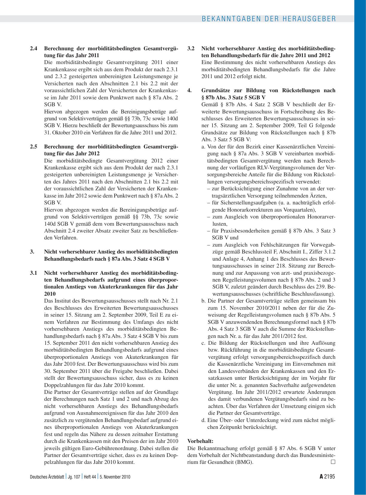 Vorschauseite 3: Beschluss des Erweiterten Bewertungsausschusses nach § 87 Abs. 4 SGB V zur Weiterentwicklung der vertragsärztlichen Vergütung in den Jahren 2011 und 2012 in seiner 23. Sitzung am…