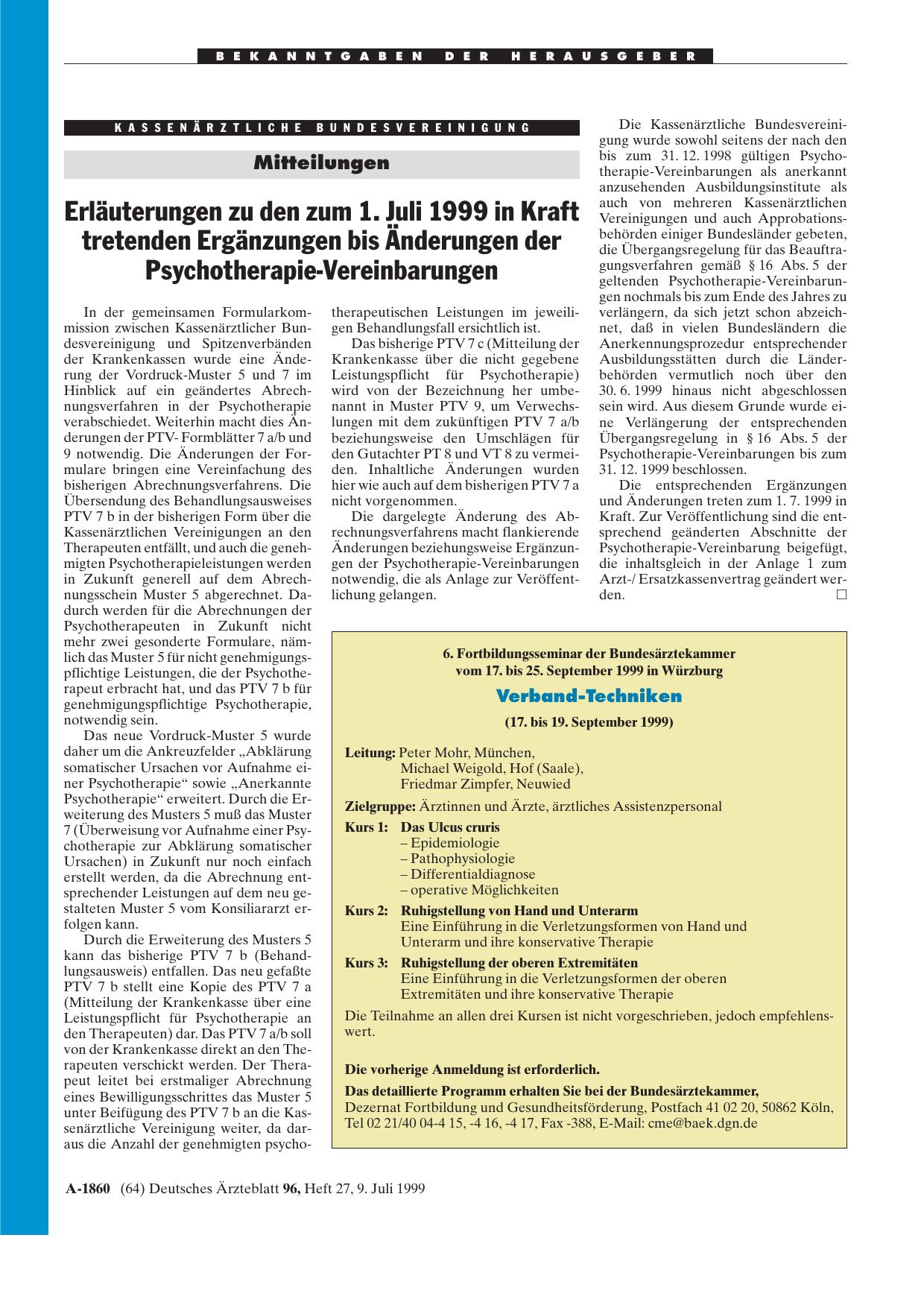 Vorschauseite 1: 6. Fortbildungsseminar der Bundesärztekammer vom 17. bis 25. September 1999 in Würzburg