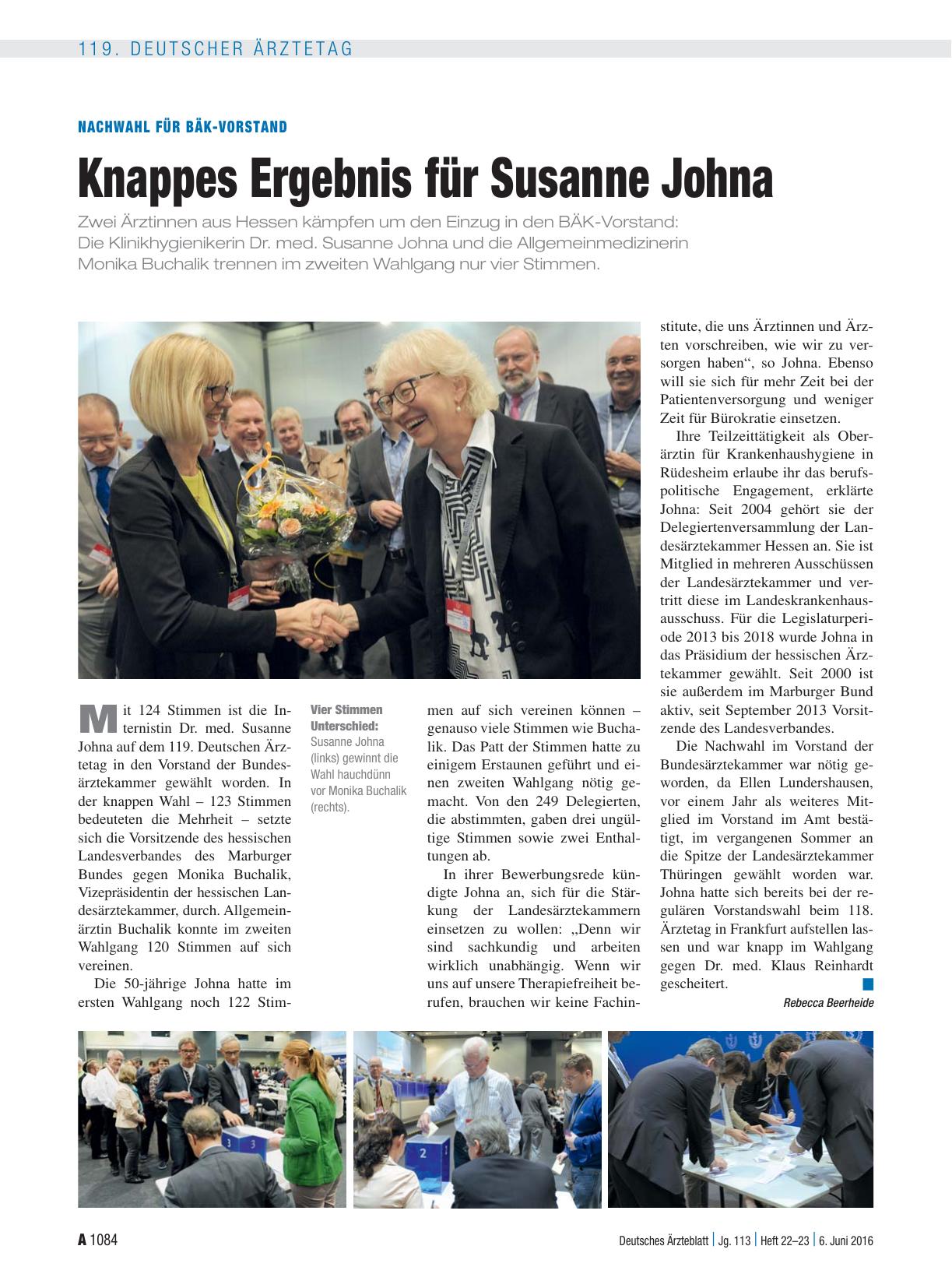 Vorschauseite 1: Nachwahl für BÄK-Vorstand: Knappes Ergebnis für Susanne Johna