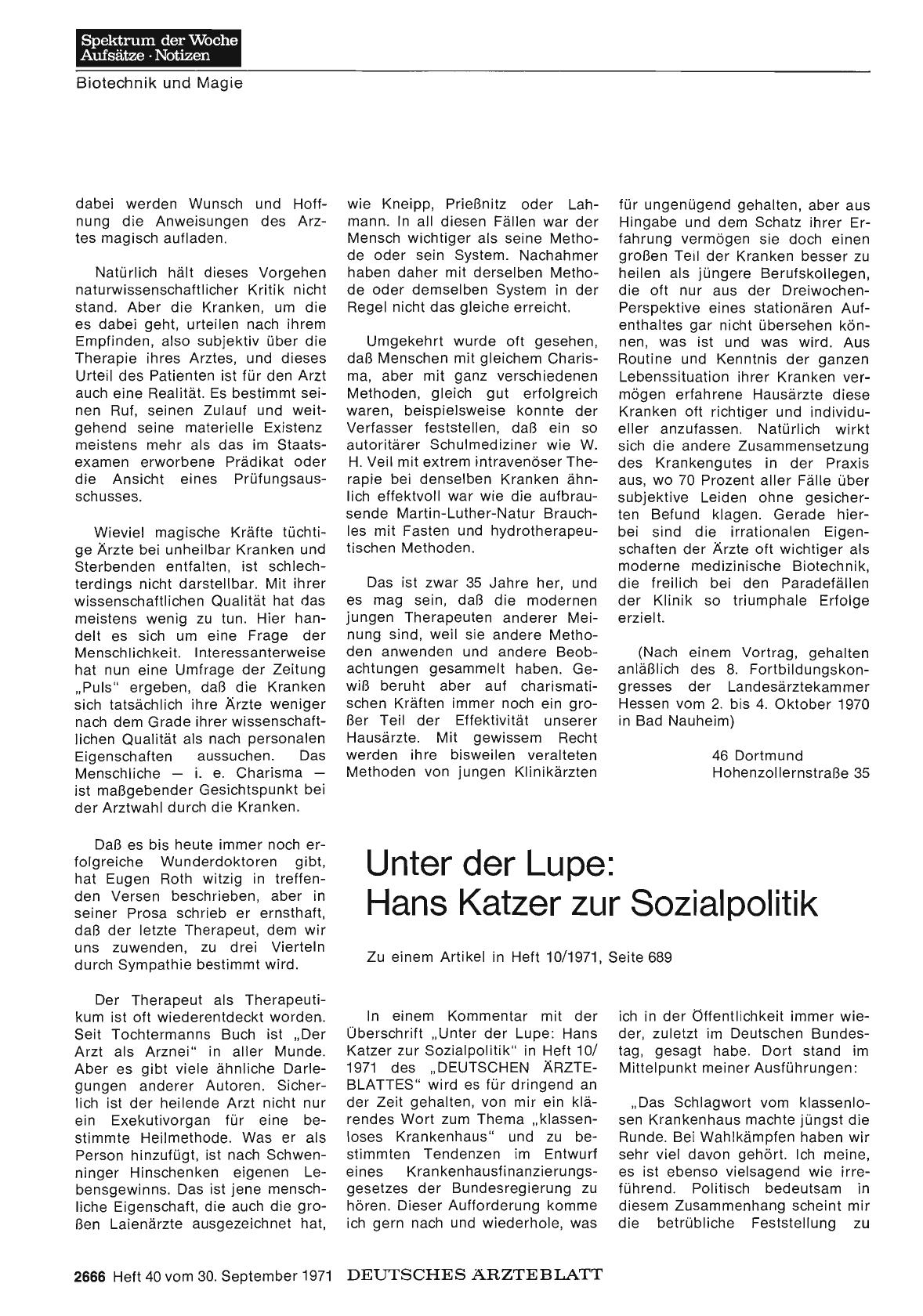 Vorschauseite 1: Unter der Lupe: Hans Katzer zur Sozialpolitik
