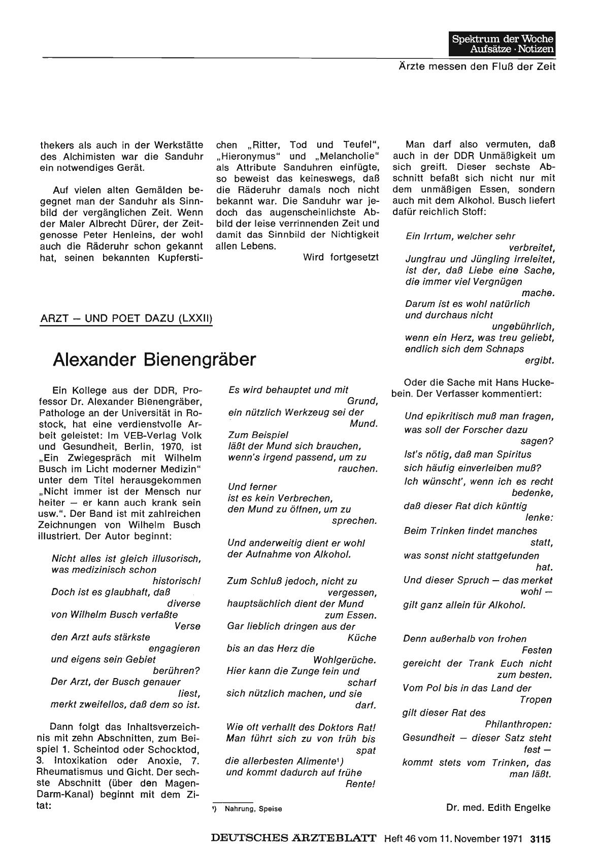 Vorschauseite 1: Arzt — und Poet dazu (LXXII): Alexander Bienengräber