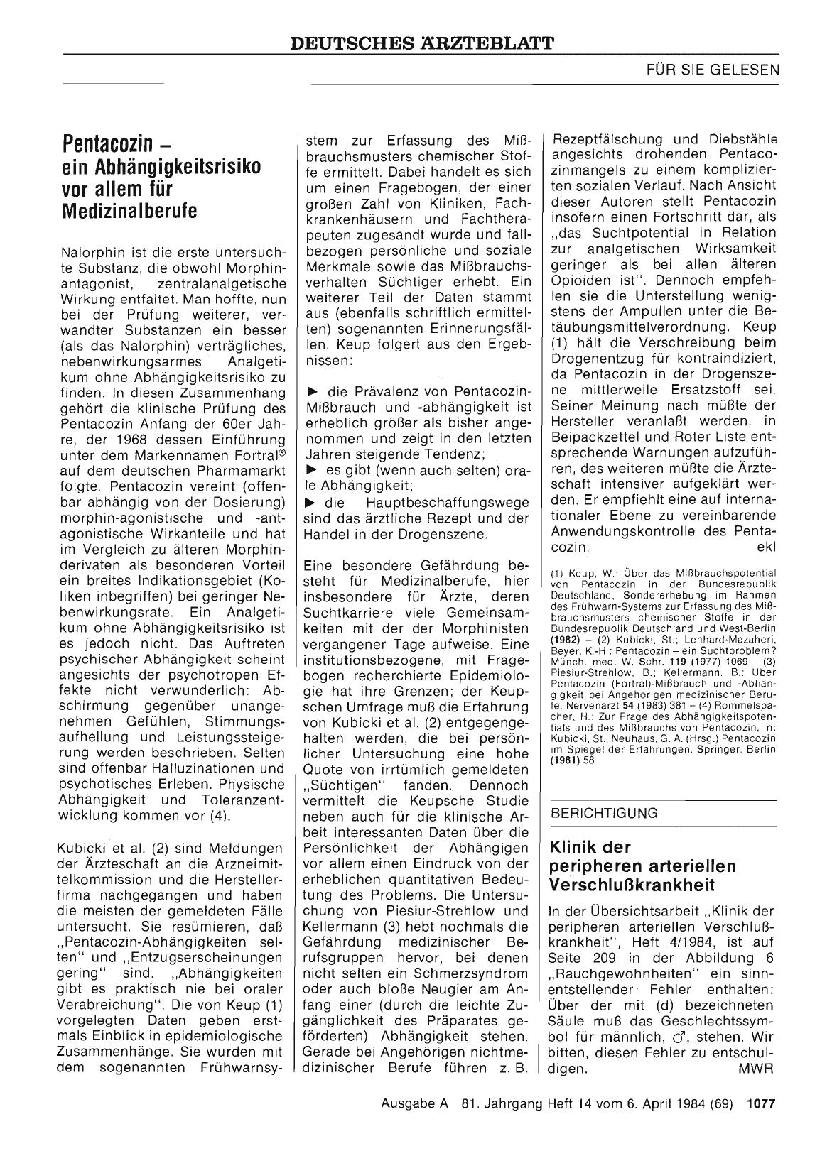 Vorschauseite 1: Pentacozin — ein Abhängigkeitsrisiko vor allem für Medizinalberufe