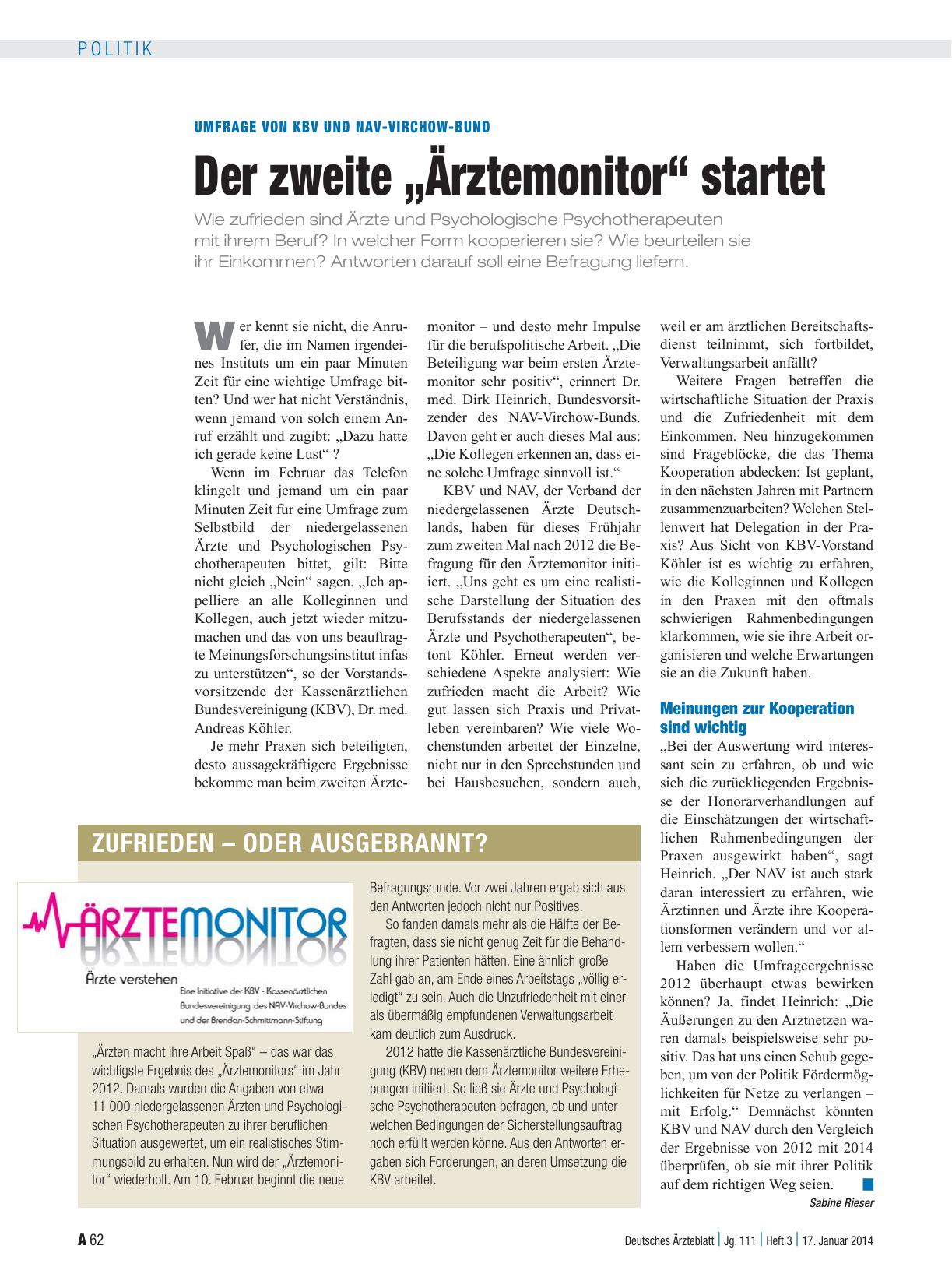 Vorschauseite 1: Umfrage von KV UND NAV-Virchow-Bund: Der zweite „Ärztemonitor“ startet