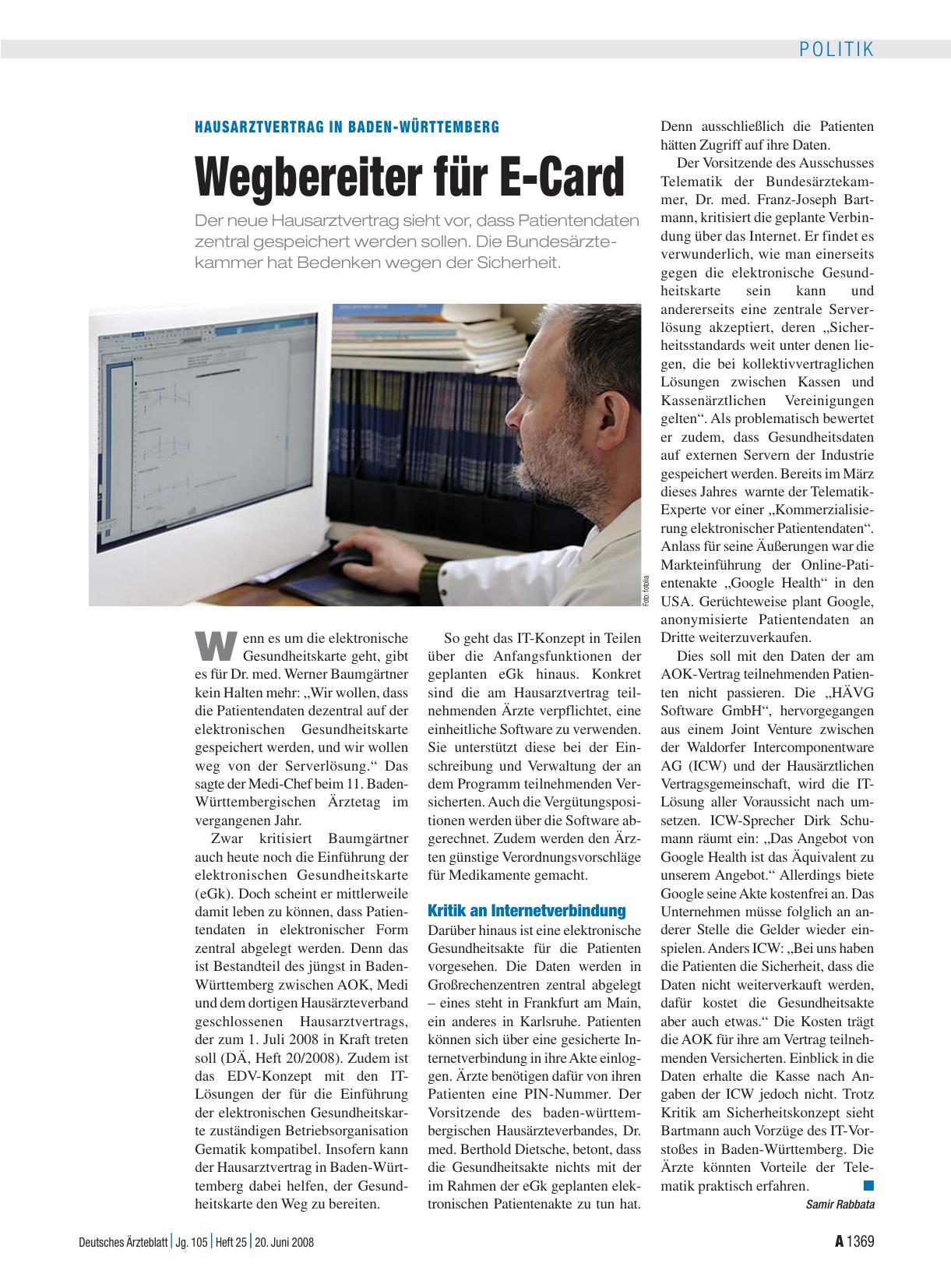 Vorschauseite 1: Hausarztvertrag in Baden-Württemberg: Wegbereiter für E-Card