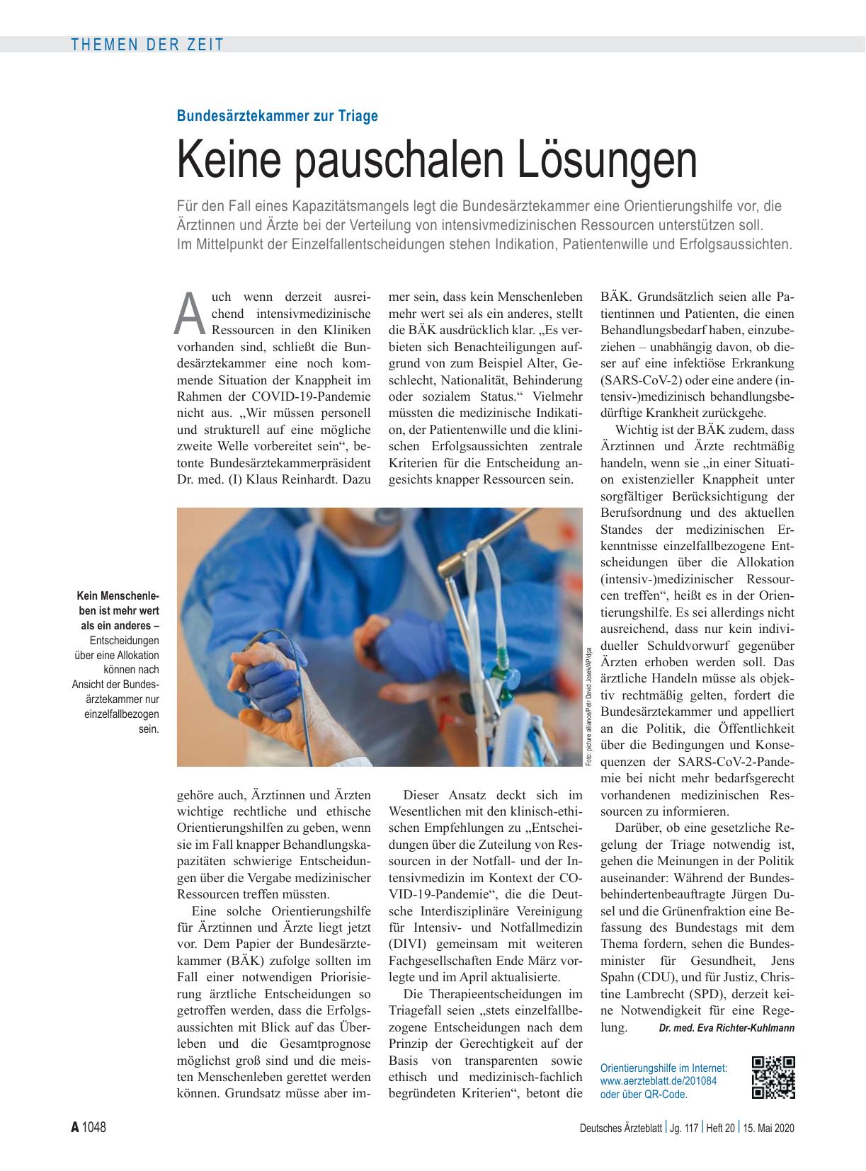 Vorschauseite 1: Bundesärztekammer zur Triage: Keine pauschalen Lösungen