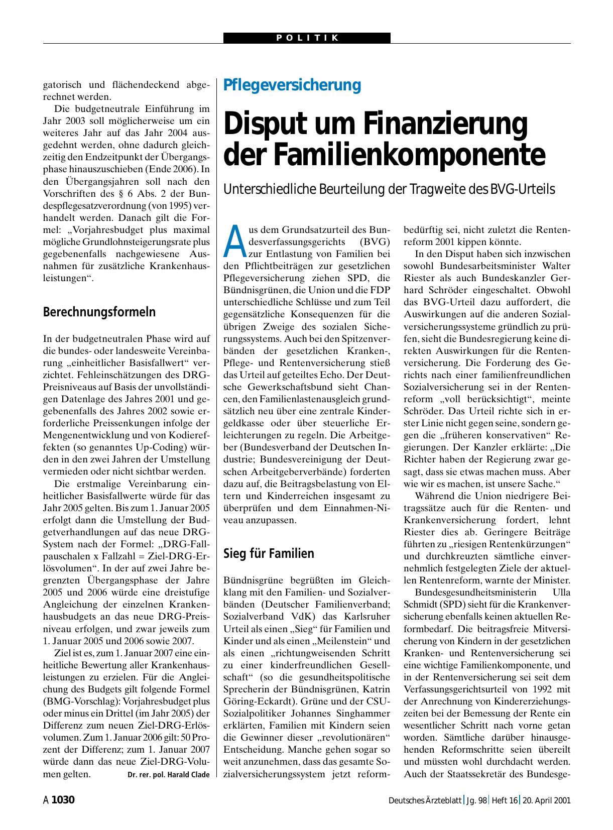 Vorschauseite 1: Pflegeversicherung: Disput um Finanzierung der Familienkomponente