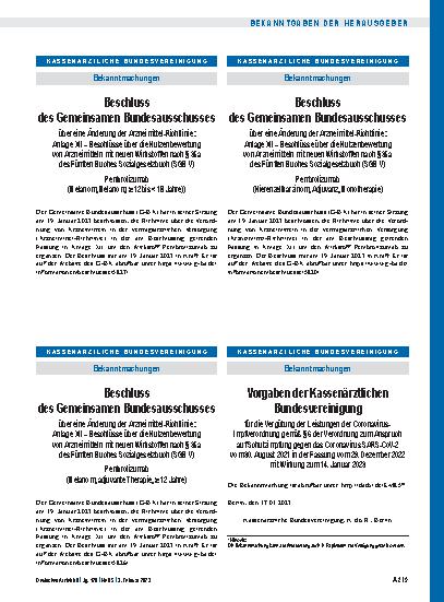 Vorschauseite 1: Beschluss des Gemeinsamen Bundesausschusses über eine Änderung der Arzneimittel-Richtlinie: Anlage XII – Pembrolizumab (Melanom, Melanom, ≥ 12 bis < 18 Jahre)