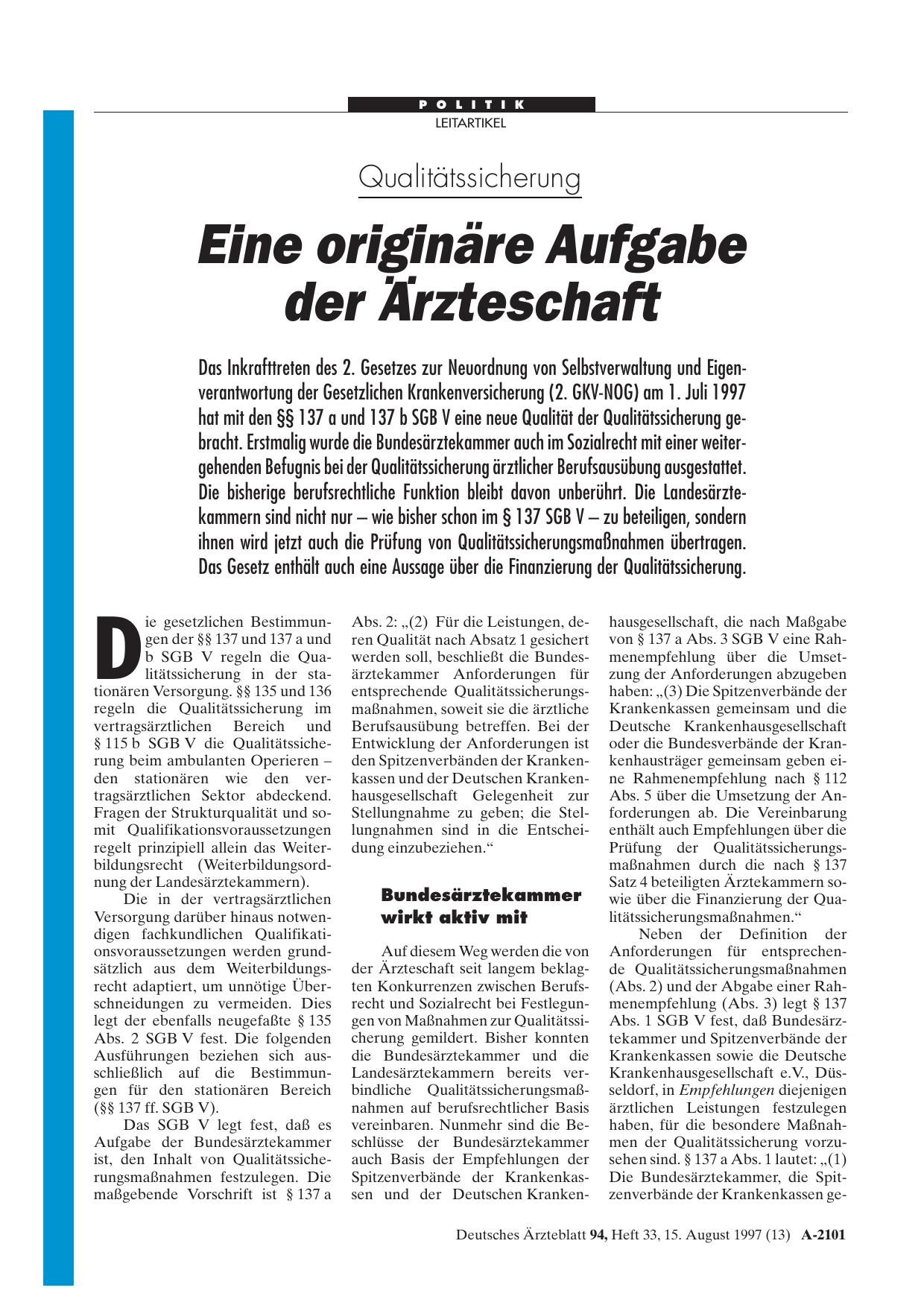 Vorschauseite 1: Qualitätssicherung: Eine originäre Aufgabe der Arzteschaft