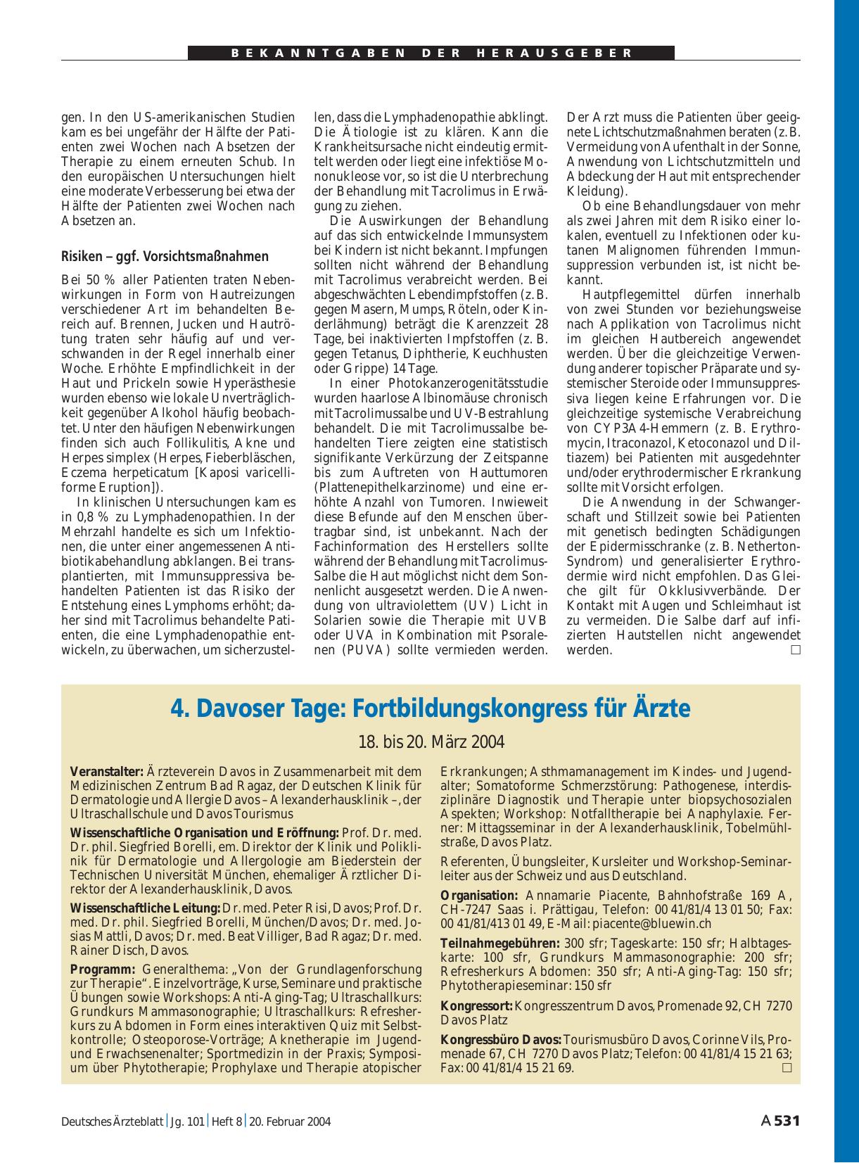 Vorschauseite 1: 4. Davoser Tage: Fortbildungskongress für Ärzte - 18. bis 20. März 2004