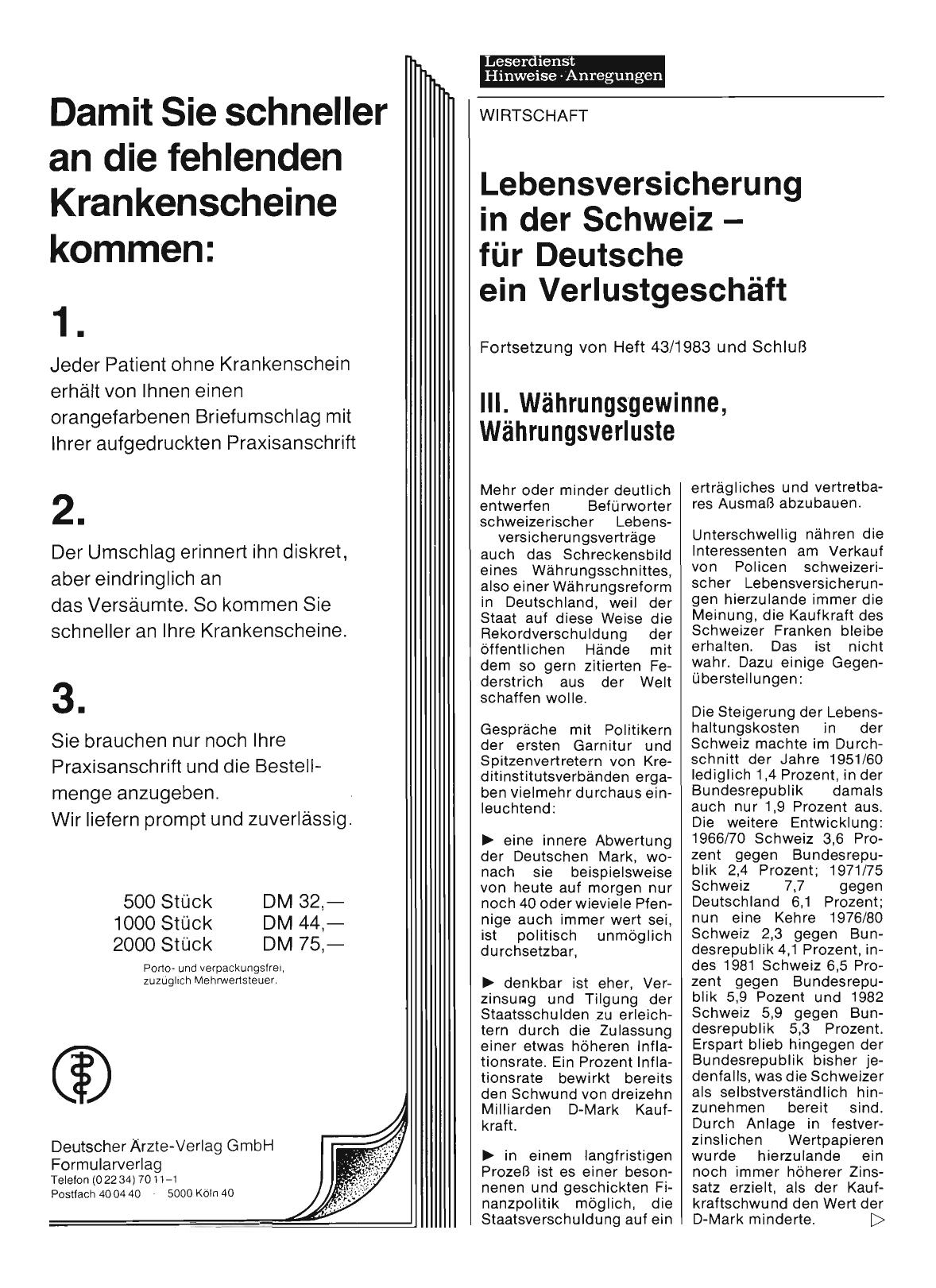 Vorschauseite 1: Lebensversicherung in der Schweiz für Deutsche ein Verlustgeschäft: Fortsetzung von Heft 43/1983 und Schluß