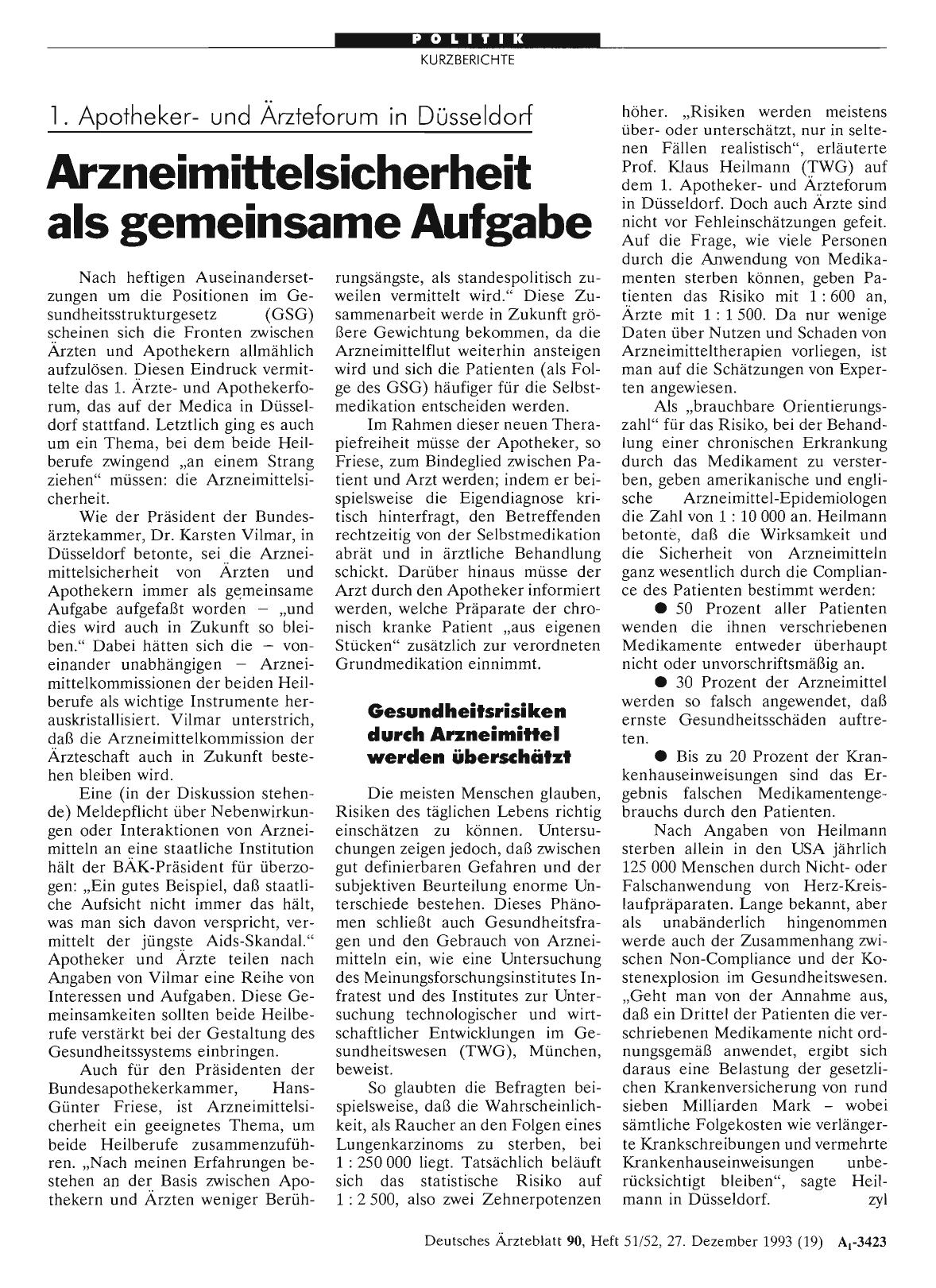 Vorschauseite 1: 1. Apothekerund Ärzteforum in Düsseldorf: Arzneimittelsicherheit als gemeinsame Aufgabe