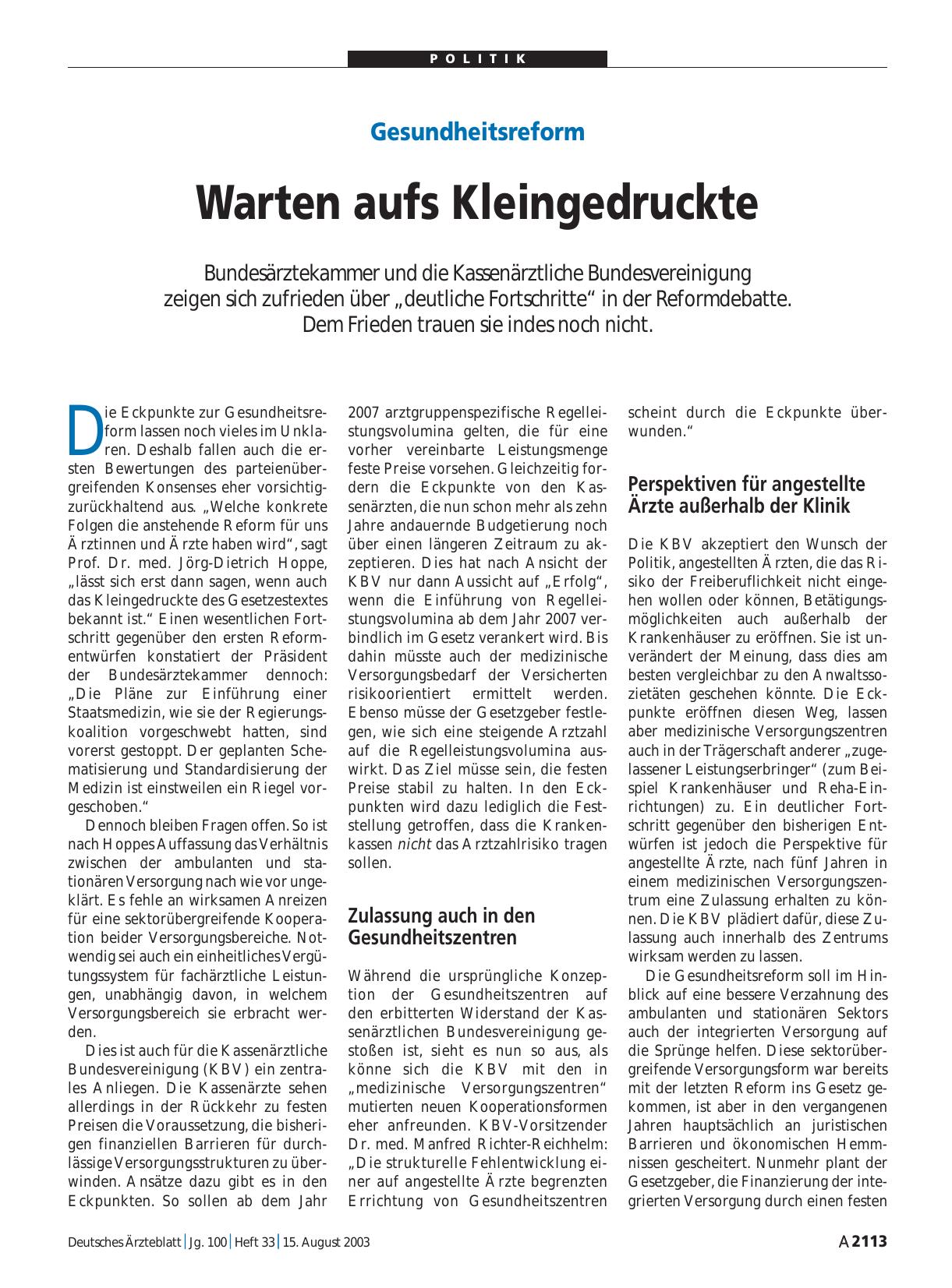 Vorschauseite 1: Gesundheitsreform: Warten aufs Kleingedruckte
