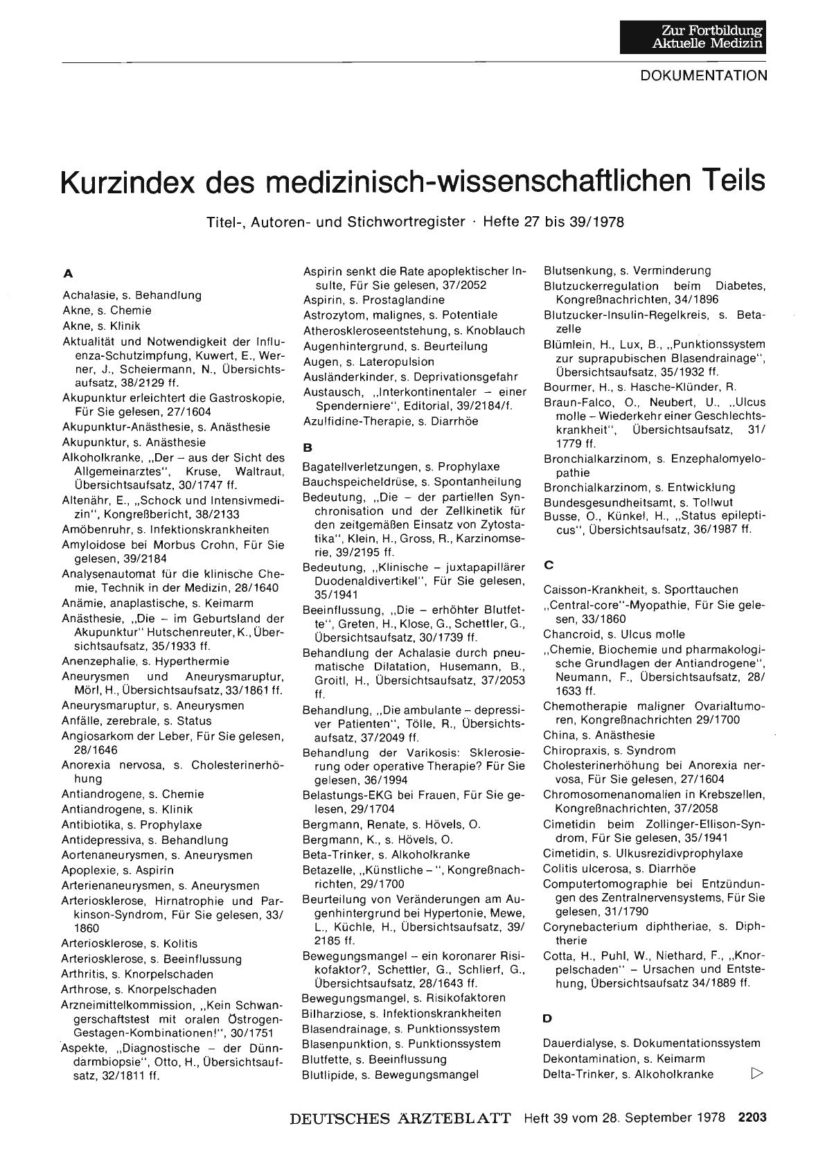 Vorschauseite 1: Kurzindex des medizinisch-wissenschaftlichen Teils: Titel-, Autorenund Stichwortregister • Hefte 27 bis 39/1978