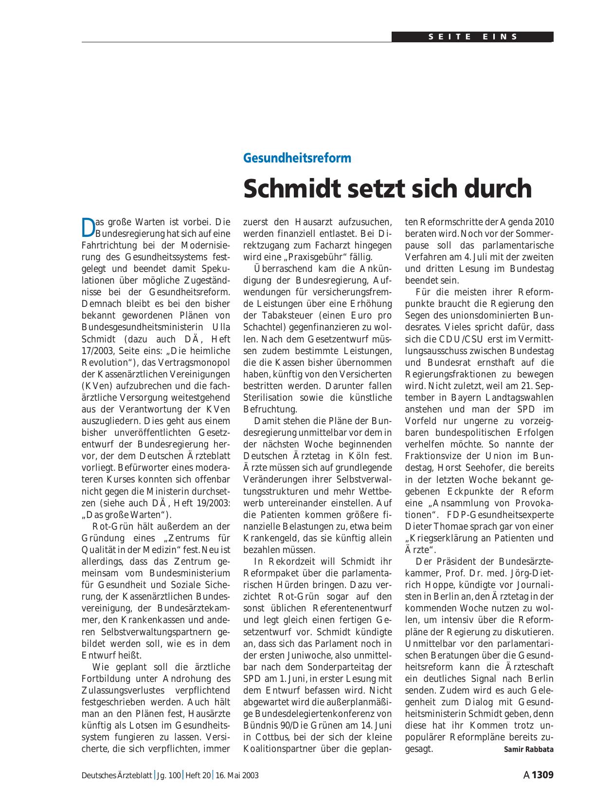 Vorschauseite 1: Gesundheitsreform: Schmidt setzt sich durch