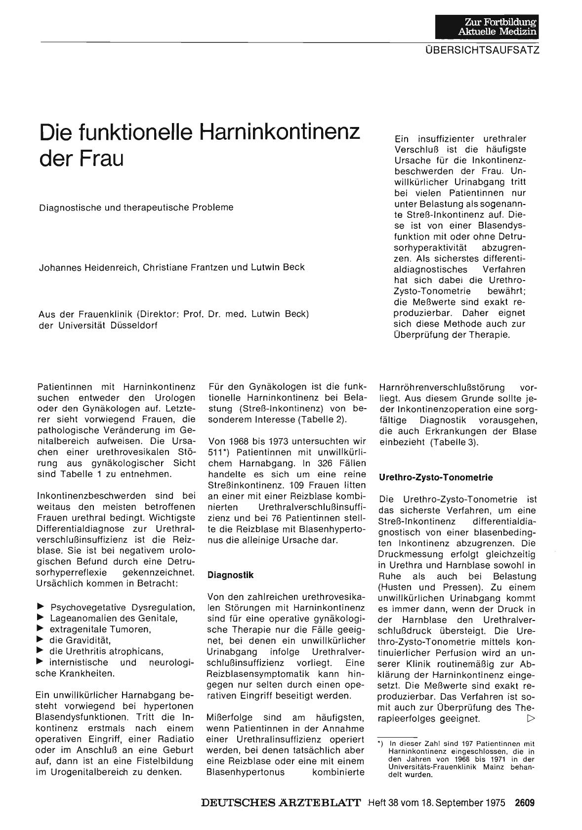 Vorschauseite 1: Die funktionelle Harninkontinenz der Frau: Diagnostische und therapeutische Probleme