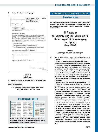 Vorschauseite 1: 48. Änderung der Vereinbarung über Vordrucke für die vertragsärztliche Versorgung vom 1. April 1995 (Anlage 2 BMV-Ä), Artikel 1, Artikel 2, Inkrafttreten