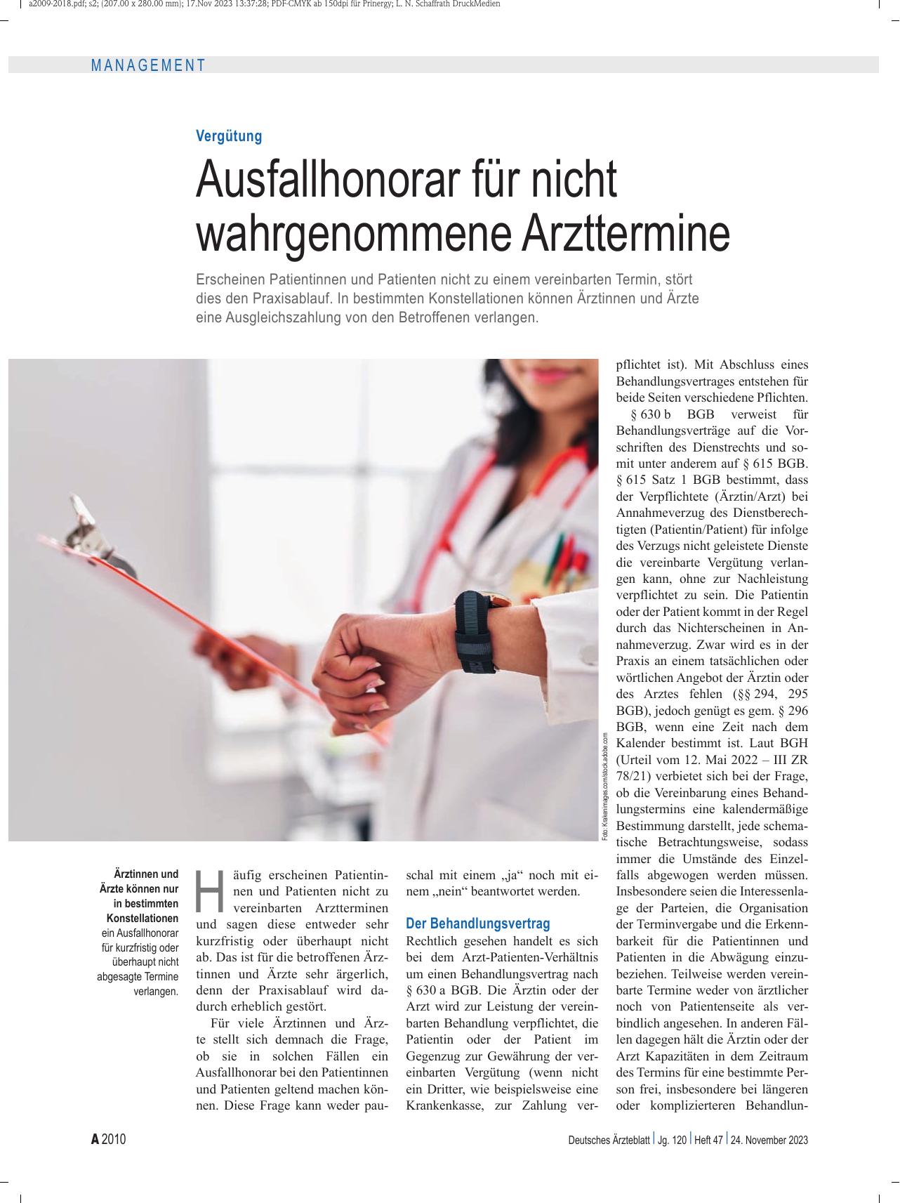 Vorschauseite 1: Vergütung: Ausfallshonorar für nicht wahrgenommene Arzttermine
