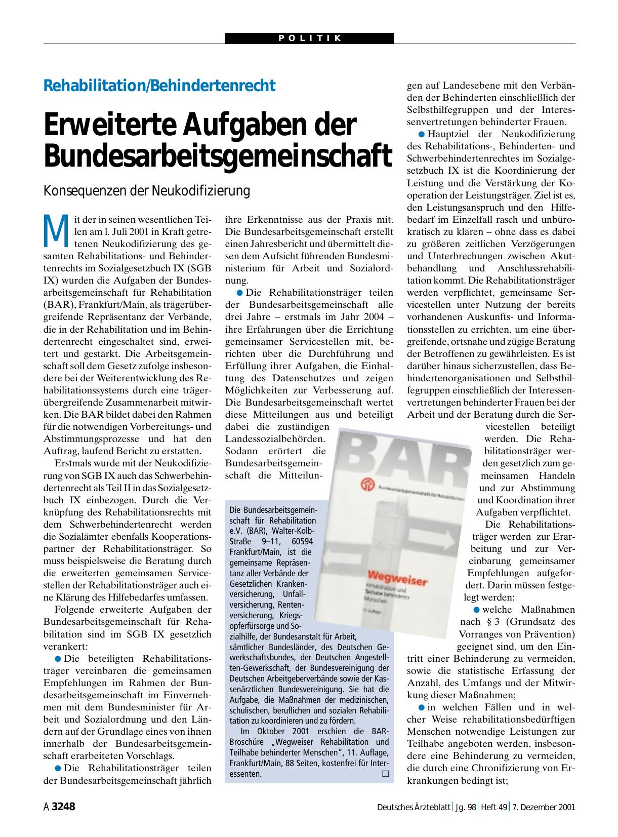 Vorschauseite 1: Rehabilitation/Behindertenrecht: Erweiterte Aufgaben der Bundesarbeitsgemeinschaft