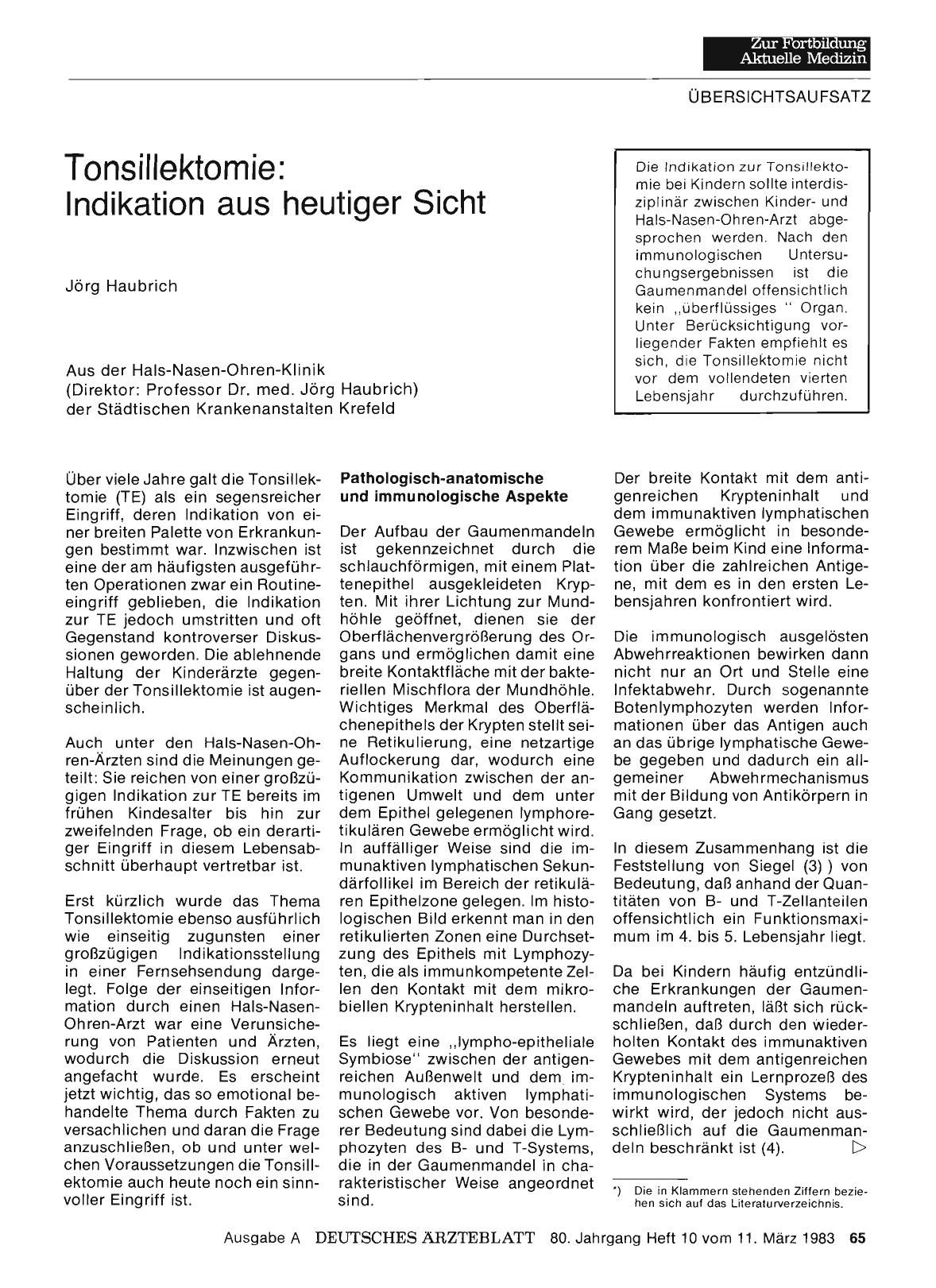 Vorschauseite 1: Tonsillektomie: Indikation aus heutiger Sicht