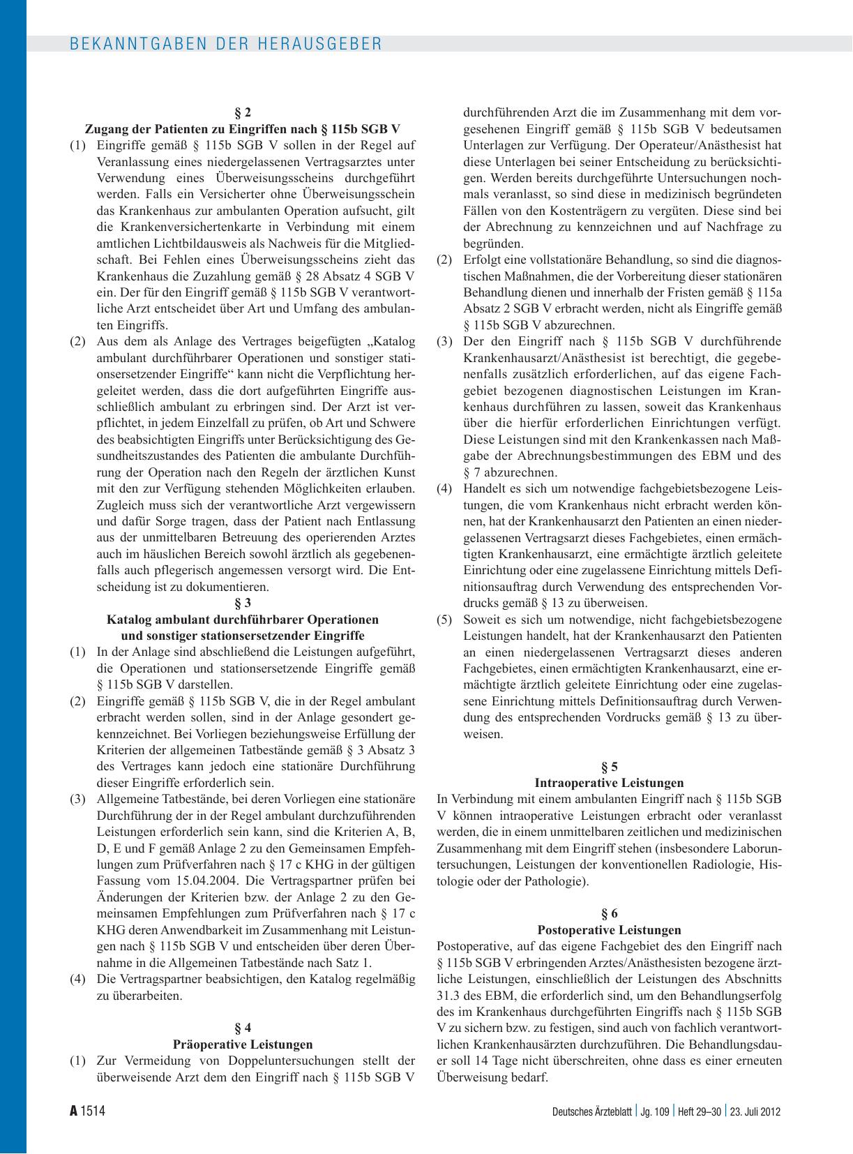 Vorschauseite 2: Vertrag nach § 115b Abs. 1 SGB V – Ambulantes Operieren und sonstige stationsersetzende Eingriffe im Krankenhaus – (AOP-Vertrag)