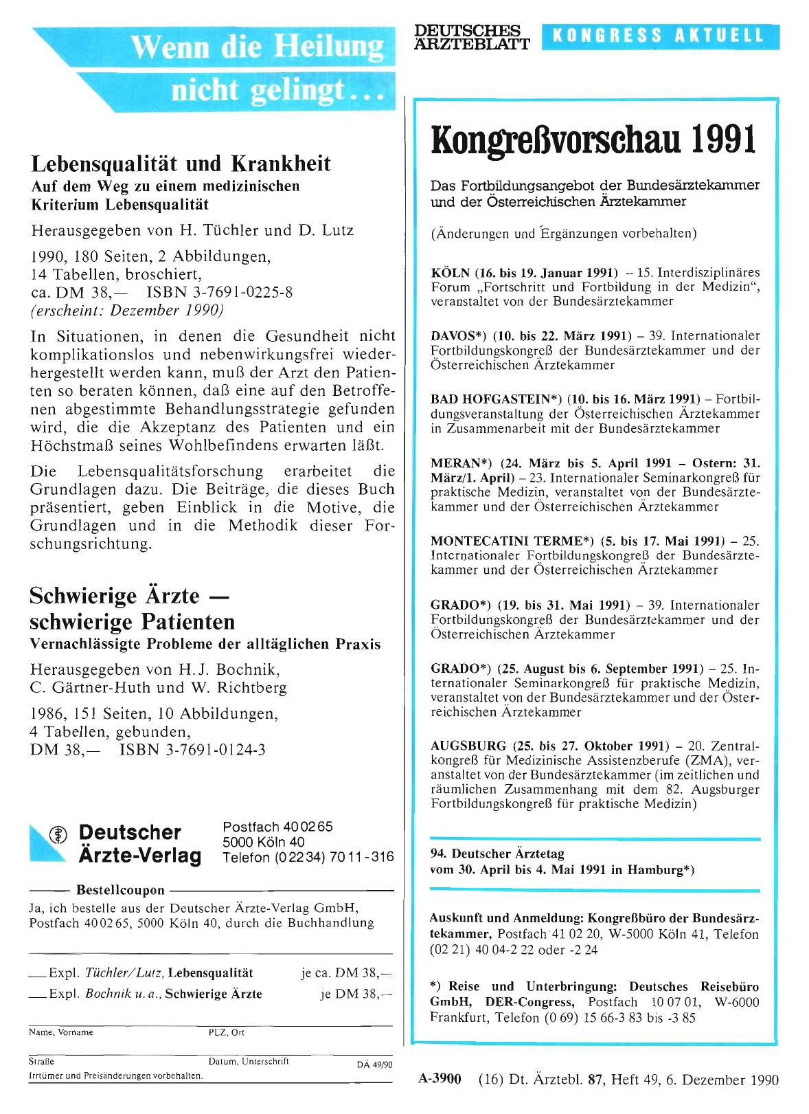 Vorschauseite 1: Kongreßvorschau 1991: Das Fortbildungsangebot der Bundesärztekammer und der Österreichischen Ärztekammer