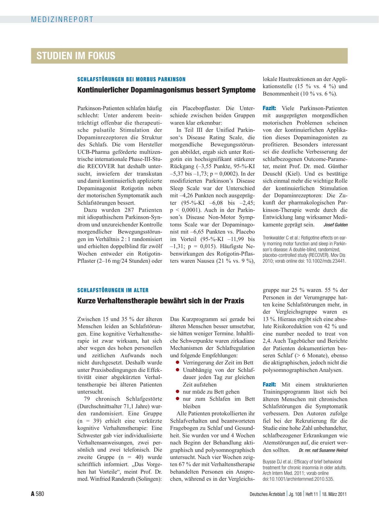 Vorschauseite 1: Schlafstörungen bei Morbus Parkinson: Kontinuierlicher Dopaminagonismus bessert Symptome