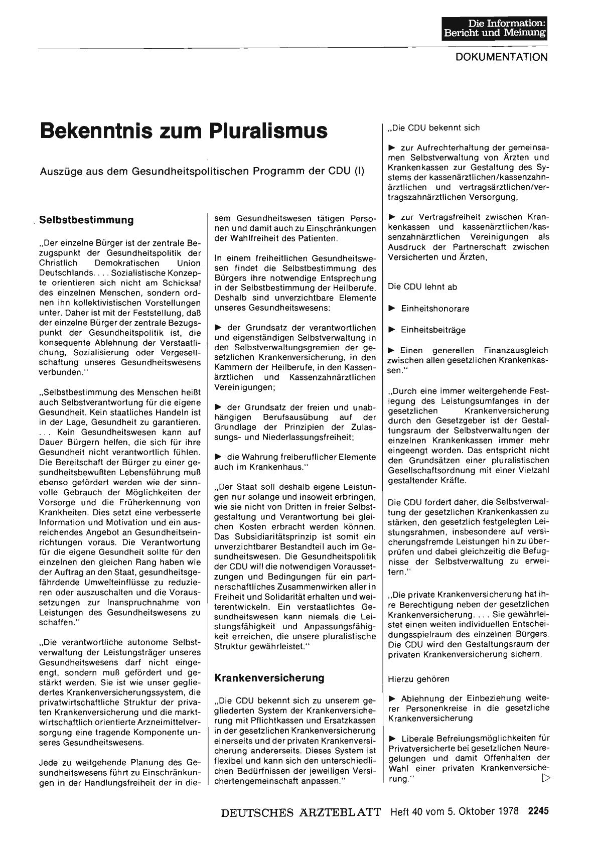 Vorschauseite 1: Bekenntnis zum Pluralismus: Auszüge aus dem Gesundheitspolitischen Programm der CDU (I)
