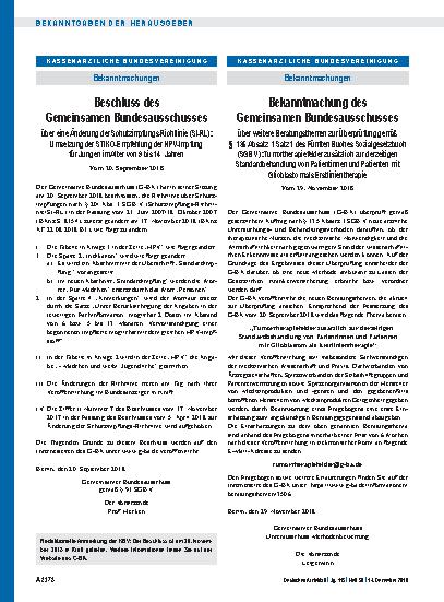 Vorschauseite 1: Beschluss des Gemeinsamen Bundesausschusses über eine Änderung der Schutzimpfungs-Richtlinie (SI-RL): Umsetzung der STIKO-Empfehlung der HPV-Impfung für Jungen im Alter von 9 bis…