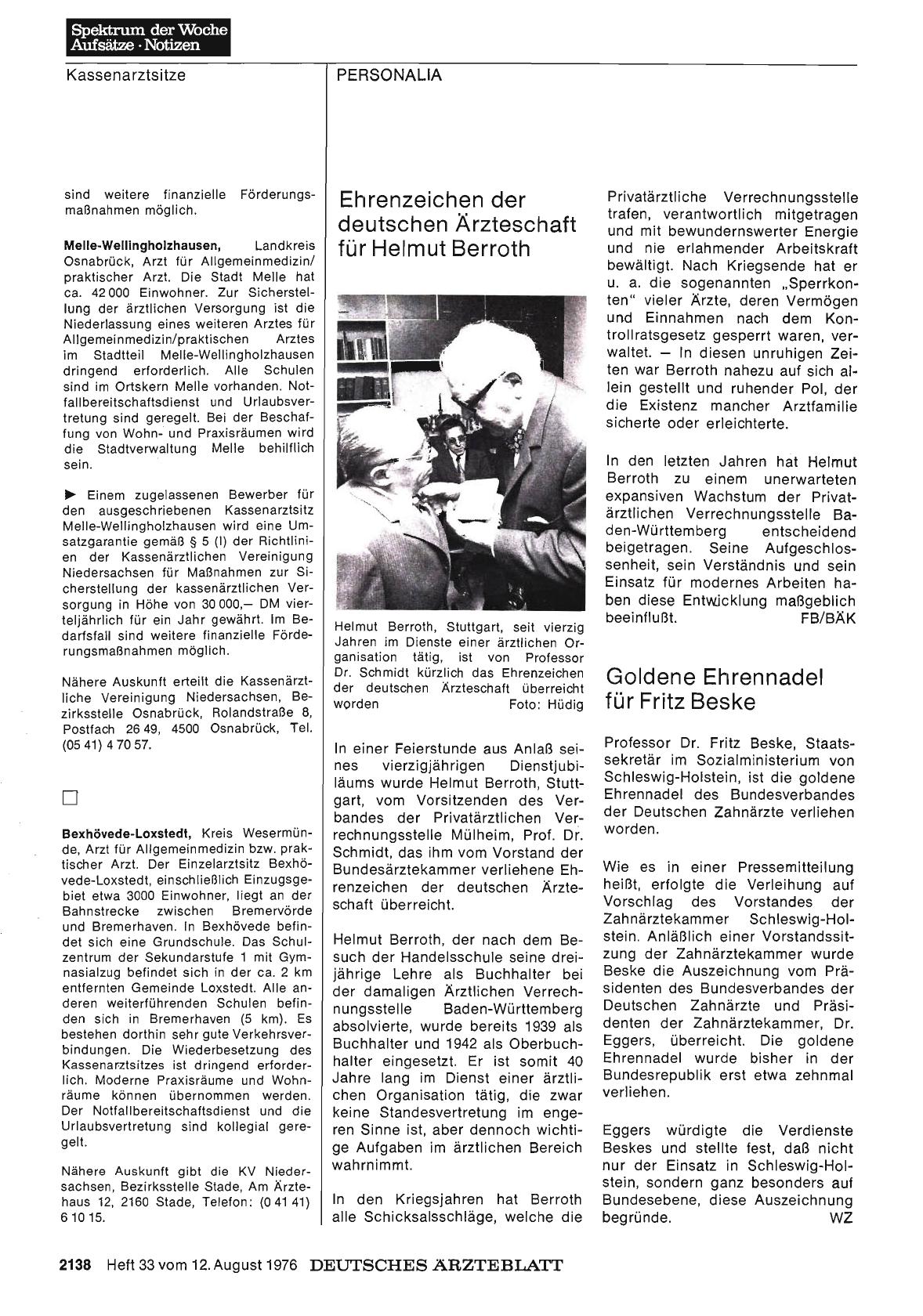 Vorschauseite 1: Ehrenzeichen der deutschen Ärzteschaft für Helmut Berroth