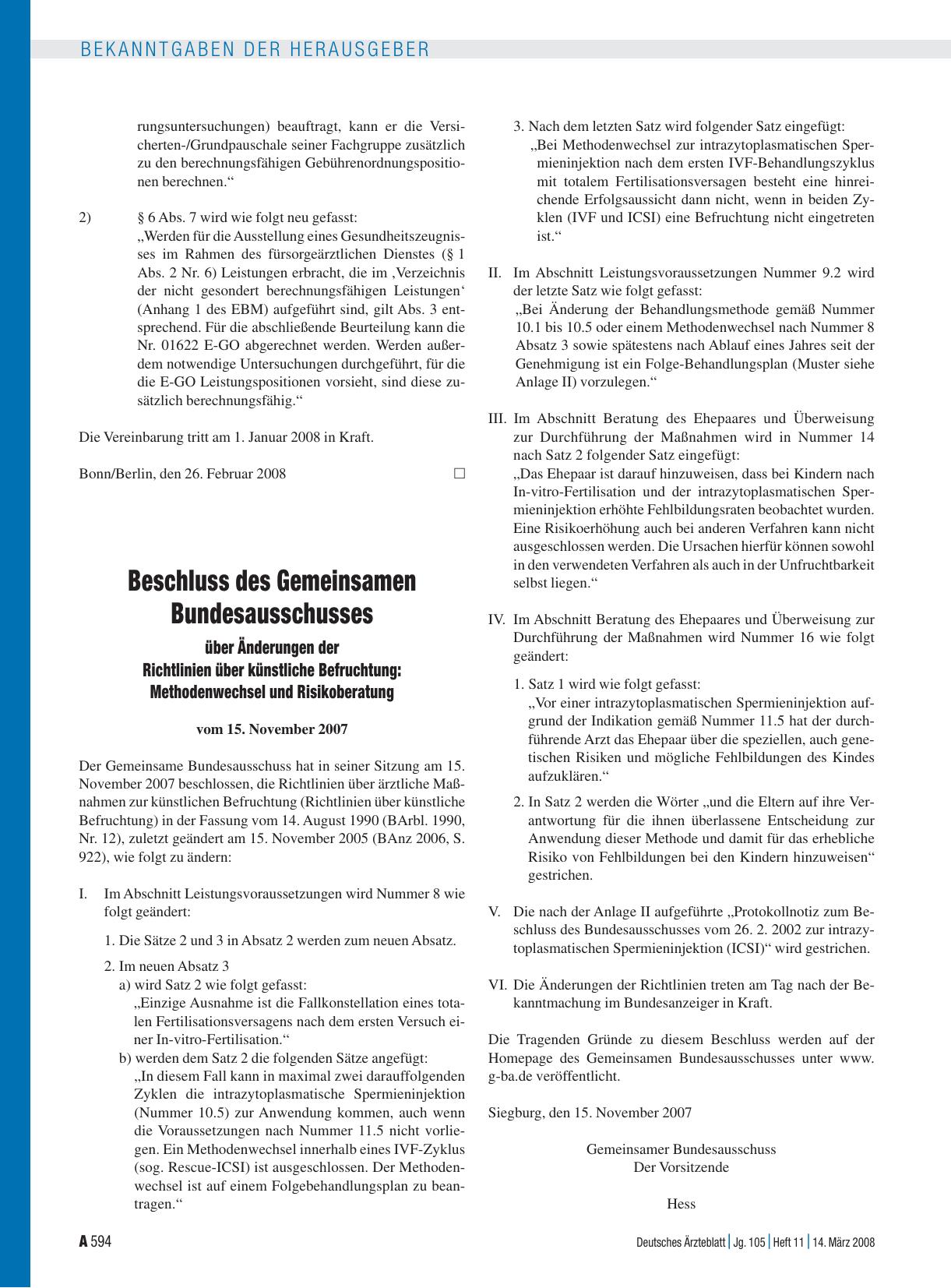 Vorschauseite 1: Beschluss des Gemeinsamen Bundesausschusses über Änderungen der Richtlinien über künstliche Befruchtung: Methodenwechsel und Risikoberatung vom 15. November 2007