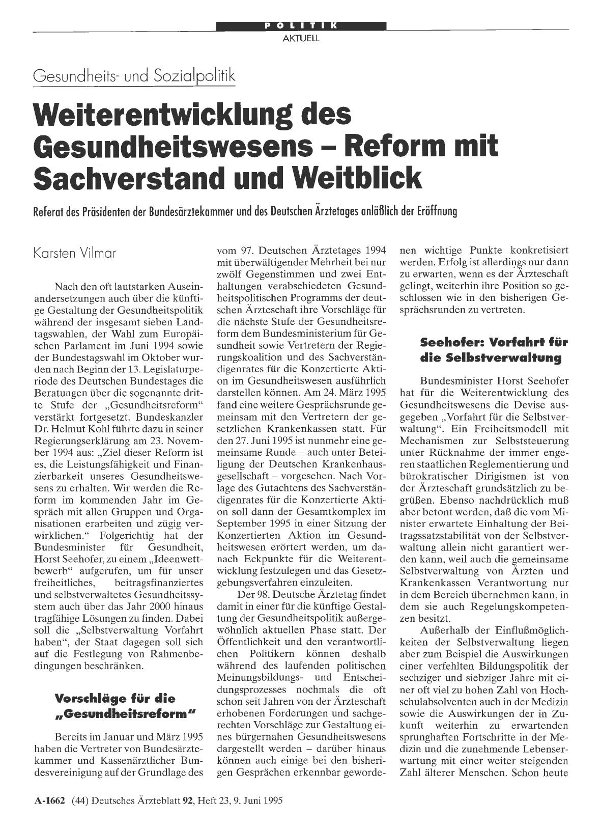 Vorschauseite 1: Gesundheitsund Sozialpolitik: Weiterentwicklung des Gesundheitswesens - Reform mit Sachverstand und Weitblick