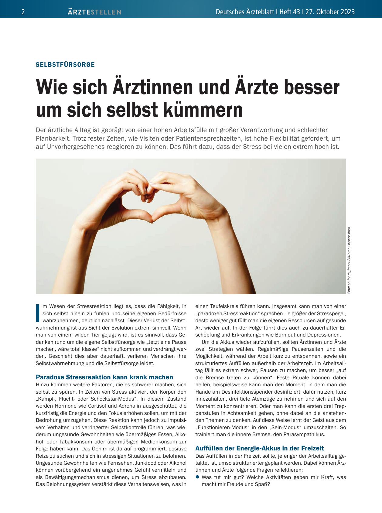 Vorschauseite 1: Selbstfürsorge: Wie sich Ärztinnen und Ärzte besser um sich selbst kümmern