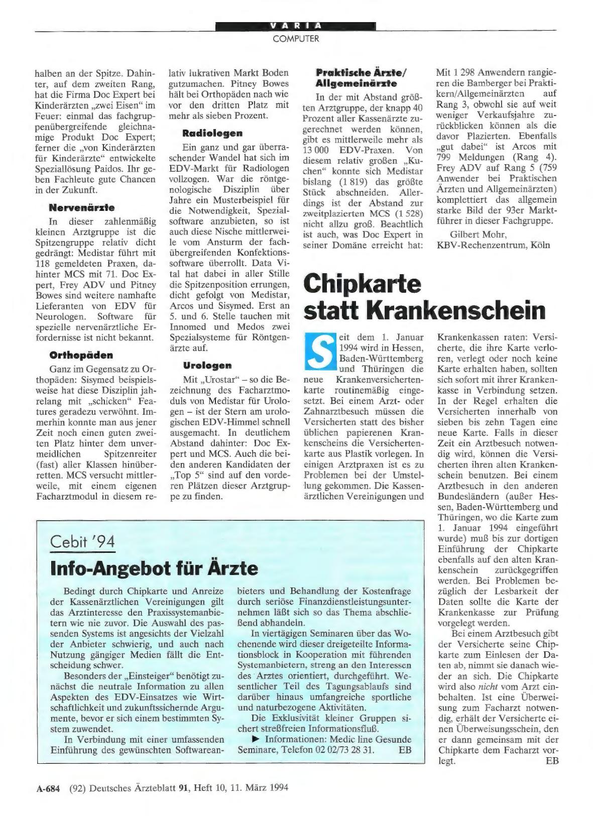 Vorschauseite 1: Cebit '94: Info-Angebot für Ärzte
