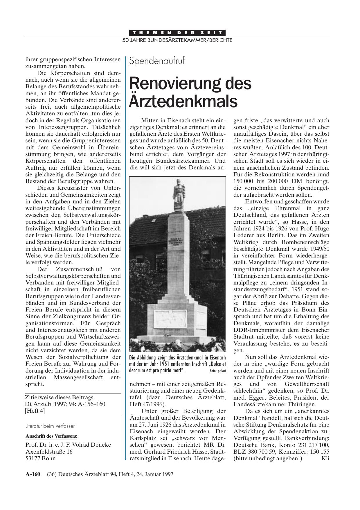Vorschauseite 1: Spendenaufruf: Renovierung des Ärztedenkmals