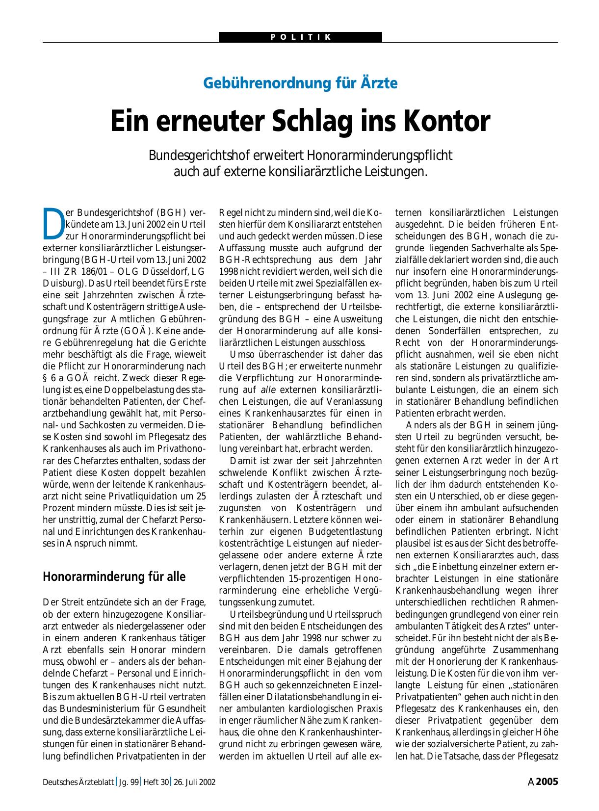 Vorschauseite 1: Gebührenordnung für Ärzte: Ein erneuter Schlag ins Kontor