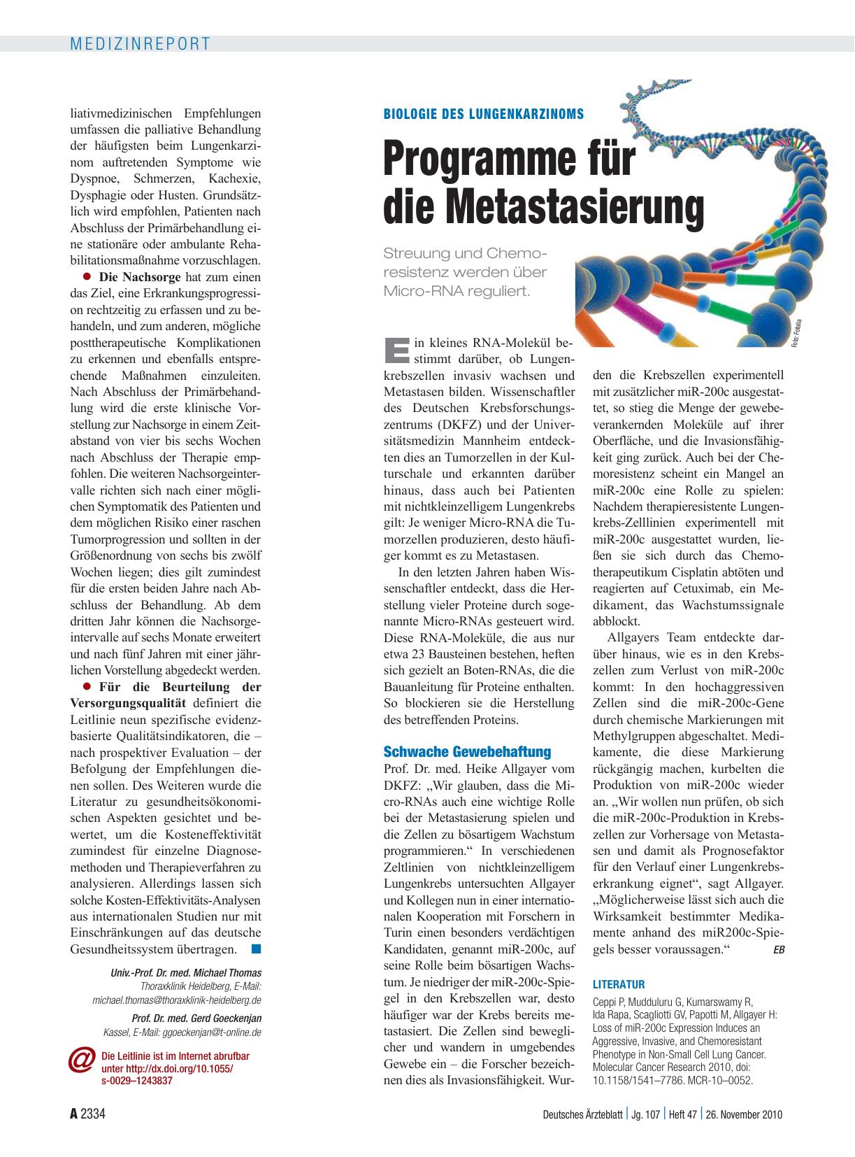 Vorschauseite 1: Biologie des Lungenkarzinoms: Programme für die Metastasierung