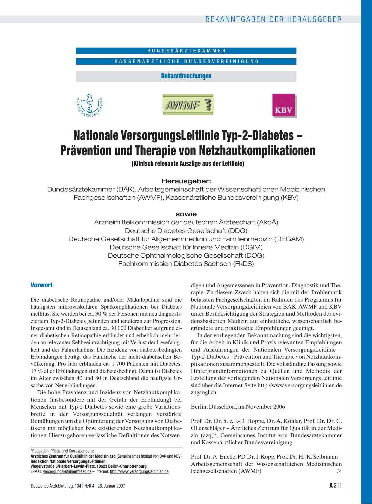 Vorschauseite 1: Nationale VersorgungsLeitlinie Typ-2-Diabetes – Prävention und Therapie von Netzhautkomplikationen (Klinisch relevante Auszüge aus der Leitlinie)