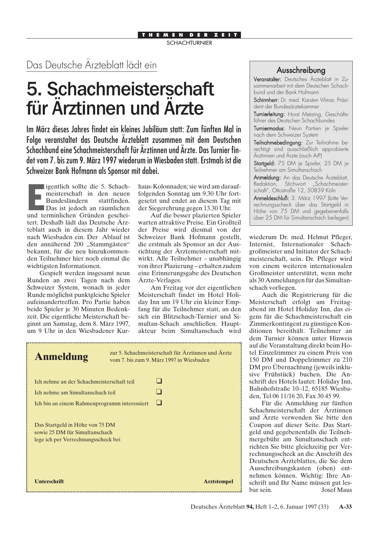 Vorschauseite 1: Das Deutsche Ärzteblatt lädt ein: 5. Schachmeisterschaft für Ärztinnen und Ärzte