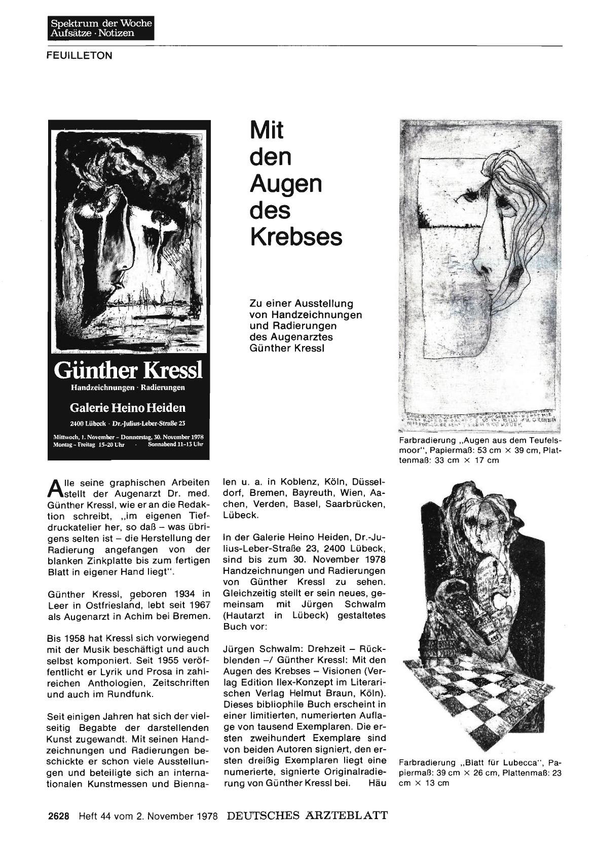 Vorschauseite 1: Mit den Augen des Krebses: Zu einer Ausstellung von Handzeichnungen und Radierungen des Augenarztes Günther Kressl